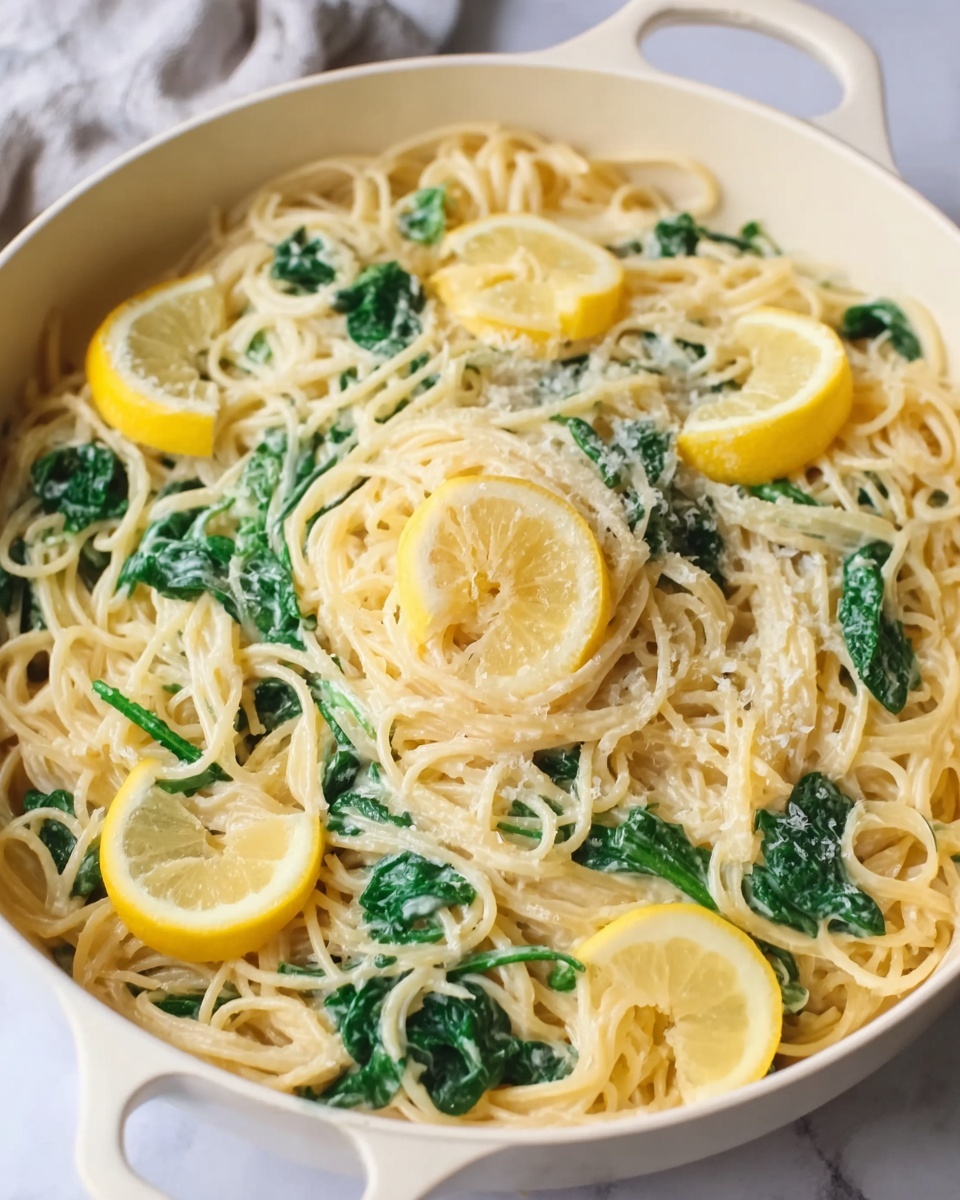 The image shows a deep white pan filled with creamy spaghetti. The spaghetti is twisted into small mounds, mixed with fresh green spinach leaves spread evenly throughout. Thin slices of yellow lemon are placed around the spaghetti, adding bright contrast. The smooth, creamy sauce coats the pasta lightly, making it look shiny and soft. The pan sits on a surface with a white marbled texture. Photo taken with an iphone --ar 4:5 --v 7