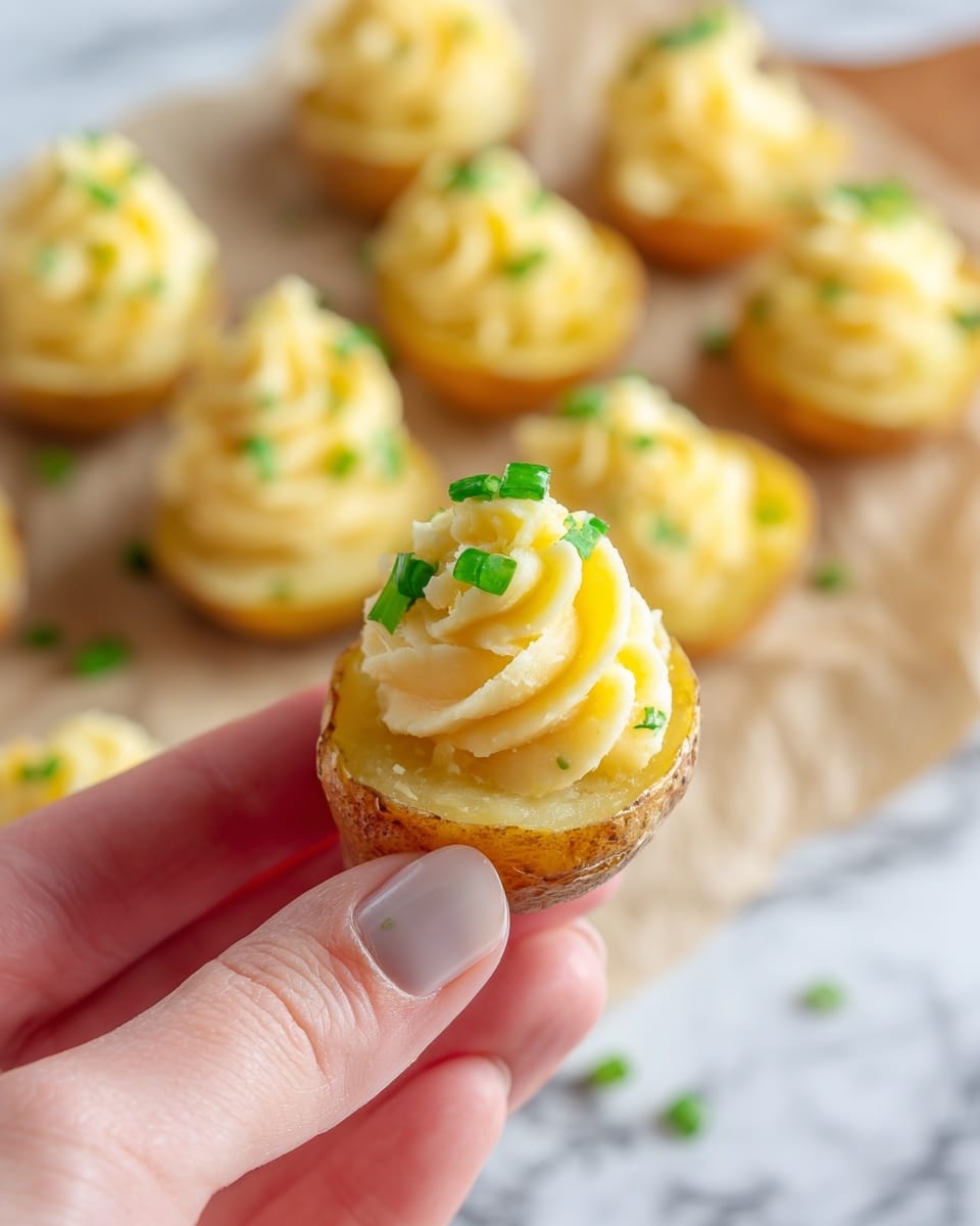 A close-up image showing a woman's hand holding a small halved potato with a creamy yellow filling piped on top, decorated with small green chopped chive pieces. In the background, more of these small stuffed potatoes are arranged on a baking sheet, all topped with the same yellow filling and green garnish. The scene is set on a white marbled surface. photo taken with an iphone --ar 4:5 --v 7