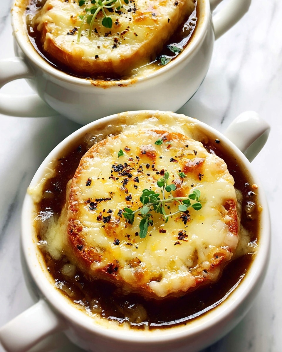 Two white soup cups sit on a white marbled surface, filled with dark brown onion soup that shows small chunks of onions. Each cup has a single golden-brown toasted bread round on top, melted with a thick layer of bubbly light yellow cheese browned in spots. Bright green sprigs of thyme and cracked black pepper are scattered over the cheese layers, adding color and texture. The cups' handles face slightly outward, and the image is bright and close-up. photo taken with an iphone --ar 4:5 --v 7