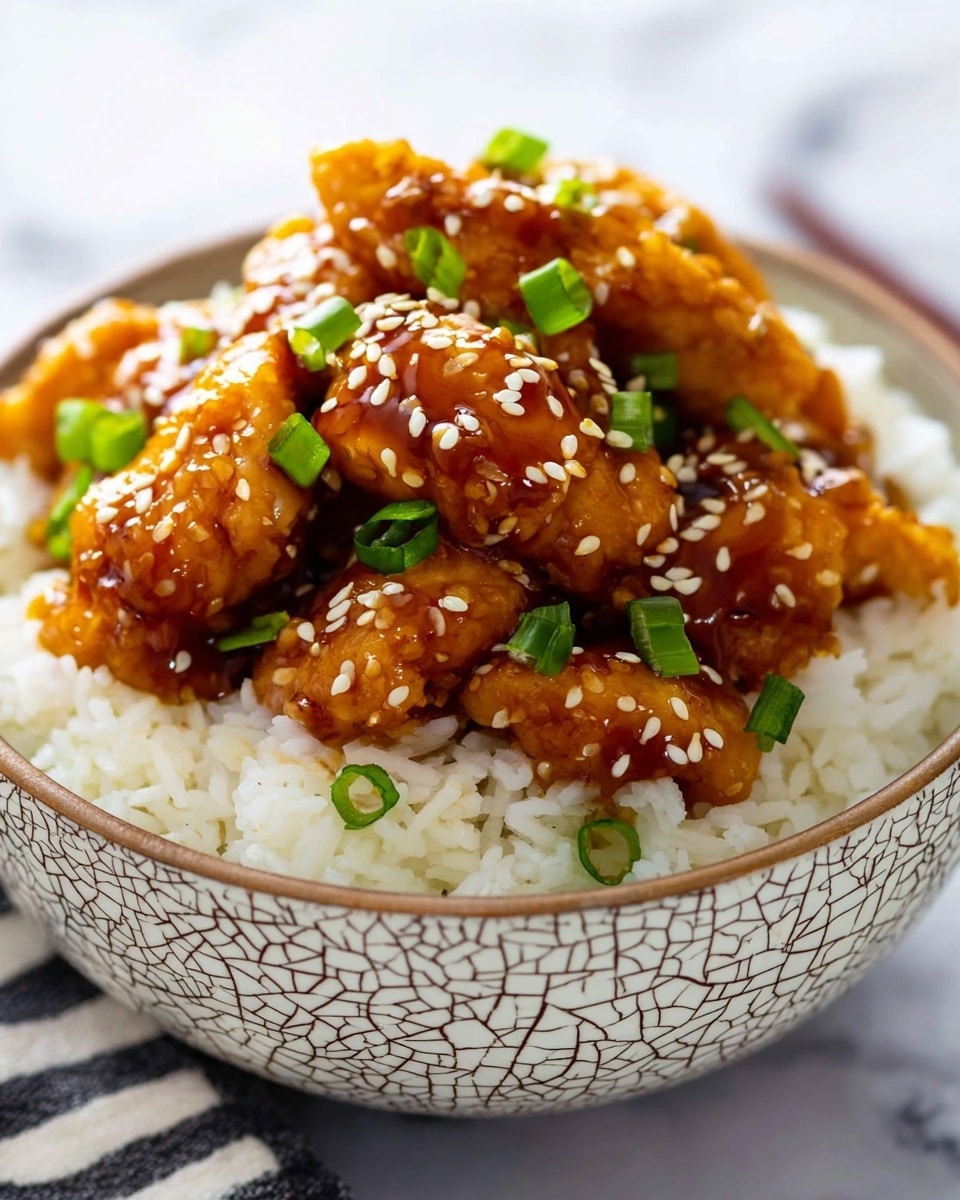 A white bowl filled with a base layer of fluffy white rice, topped with a heap of glossy dark brown glazed chicken pieces, drizzled with sesame seeds and garnished with chopped bright green scallions scattered evenly over the chicken. The bowl sits on a white marbled surface with blurred chopsticks and a striped cloth in the background. Photo taken with an iphone --ar 4:5 --v 7