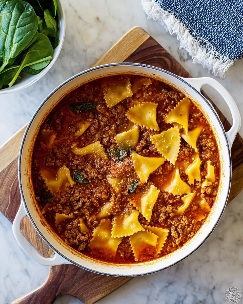 A white pot filled with a rich, red tomato sauce layered with chunks of browned ground meat and wide, flat pieces of yellow pasta with wavy edges, all mixed together in the sauce. The pot sits on a round wooden board with a handle, placed on a white marbled surface. In the upper left corner, there is a white bowl with fresh green spinach leaves, and a blue and white textured cloth is partly visible in the upper right corner. The scene is brightly lit, showing the glossy texture of the sauce and the meat. photo taken with an iphone --ar 4:5 --v 7