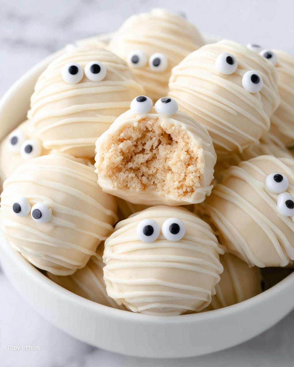 The image shows several round treats covered in smooth white coating with a drizzle texture wrapped around the whole surface, making thin lines going around each ball. Each treat has two candy eyes on the top, with white eyeballs and black pupils, giving a playful look. One ball is bitten, revealing a light beige, crumbly inside with a soft texture. The treats sit closely together inside a white bowl. The background is a white marbled texture. photo taken with an iphone --ar 4:5 --v 7