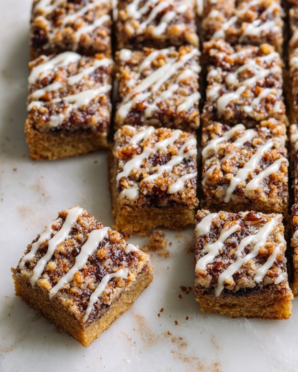 The image shows a batch of square-shaped dessert bars arranged closely in a grid on white marbled texture. Each bar has two main layers: a light golden-brown base and a top layer rich with a dark brown crumbly nut mixture, sprinkled with chopped nuts. White glaze is drizzled unevenly over the top in thin, irregular lines. Three bars are slightly separated from the main group, emphasizing layers and texture. Photo taken with an iphone --ar 4:5 --v 7