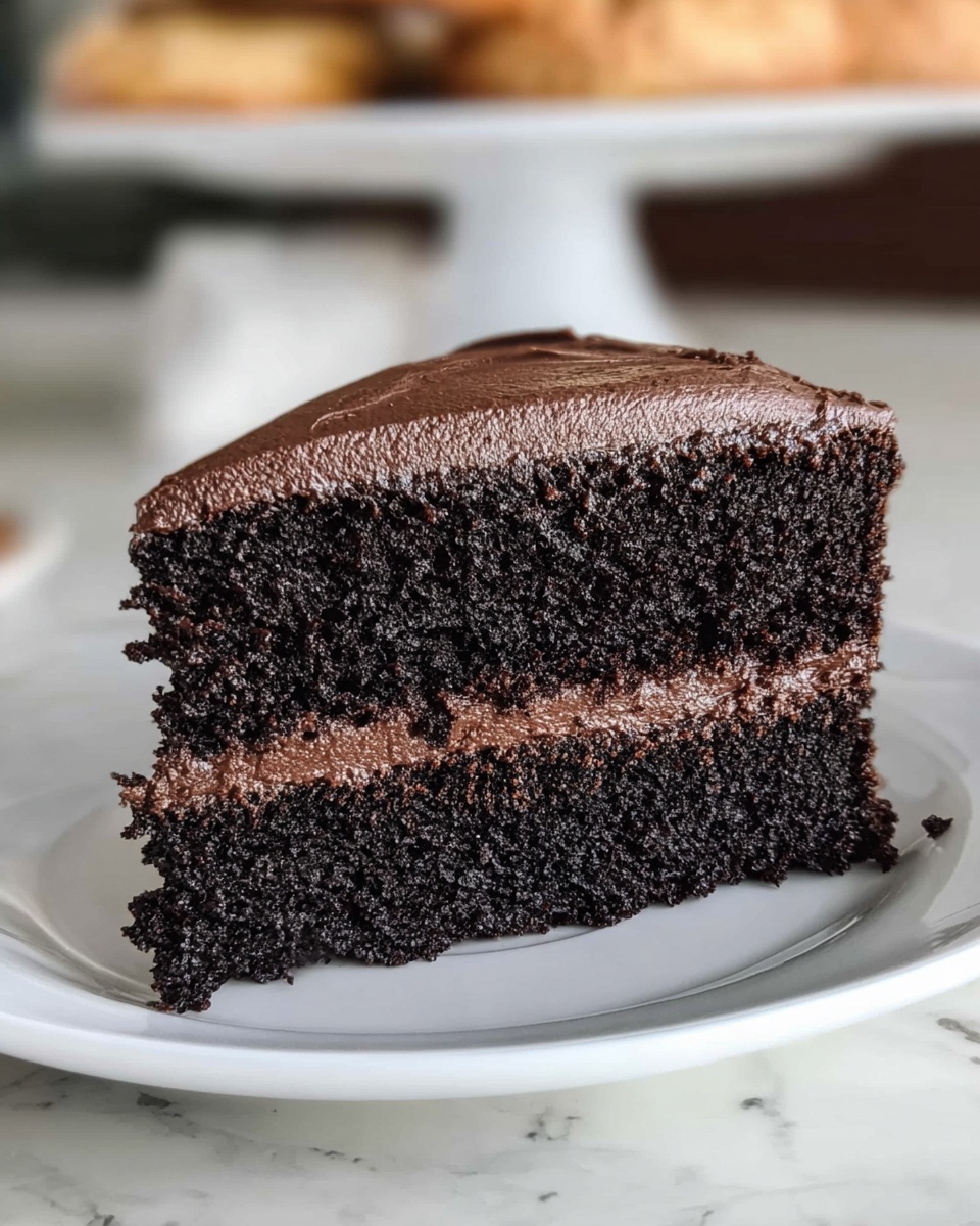 A slice of two-layer dark chocolate cake is placed on a white plate, set against a white marbled countertop. Each cake layer is thick, moist, and rich black in color with a slightly crumbly texture. Between the layers is a smooth, medium-thick spread of creamy dark chocolate frosting, matching the frosting that covers the top of the slice evenly with a slightly glossy finish. The background is softly blurred with hints of stacked cookies. The lighting highlights the cake’s moistness and the shine of the chocolate frosting. Photo taken with an iphone --ar 4:5 --v 7