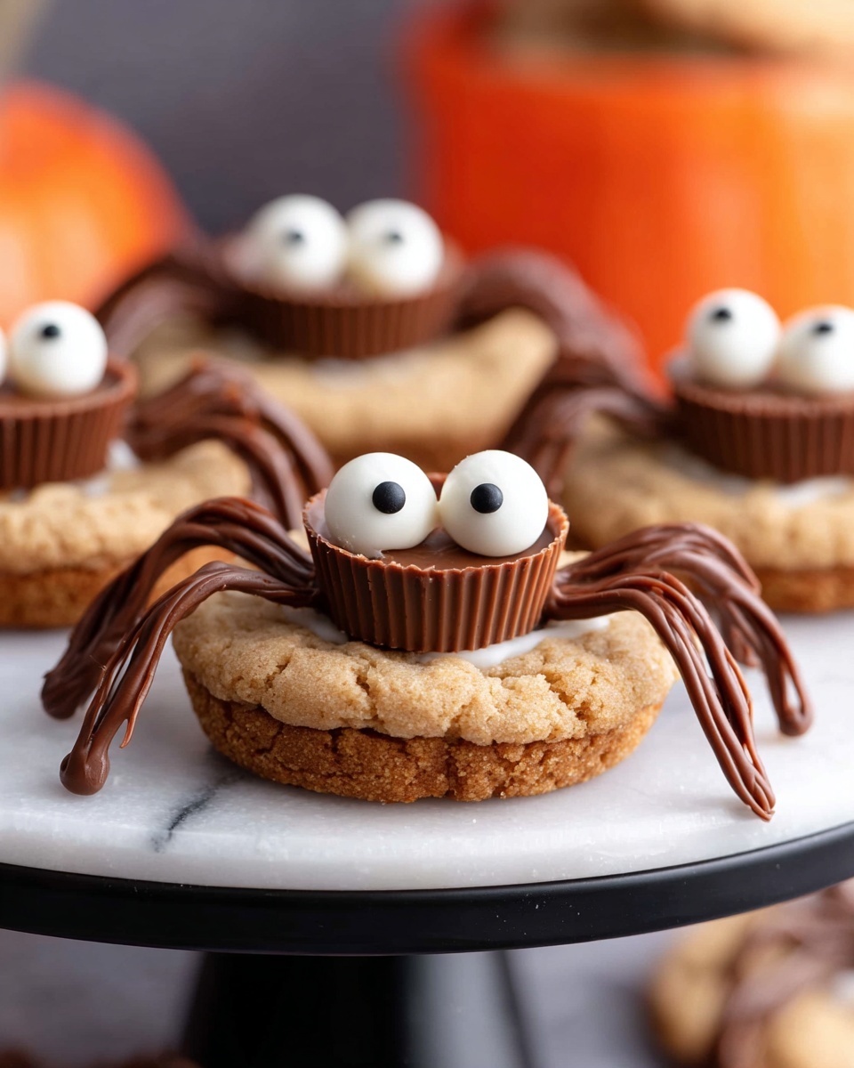 The image shows four spider-shaped cookies on a black round stand with three visible legs. Each cookie has a round light brown base, topped with a small chocolate cup placed upside down in the center. Dark brown chocolate lines extend from the chocolate cup, forming eight legs around it. Two white round candy eyes with black pupils are placed in front of each chocolate cup, giving the spiders a playful look. The background features a blurry orange object and a white marbled surface below the stand. Photo taken with an iphone --ar 4:5 --v 7
