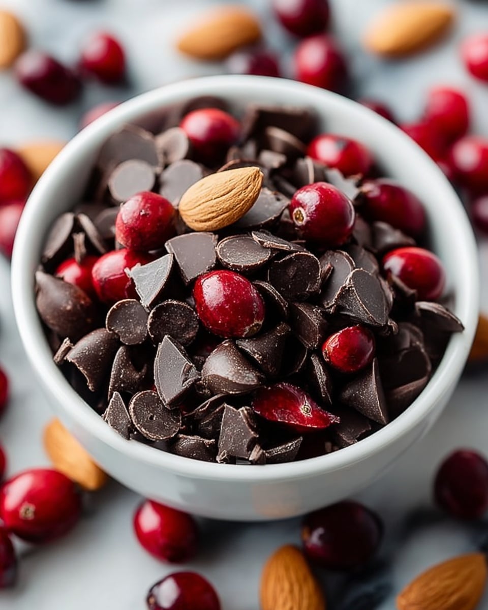 A white bowl filled with a mix of dark chocolate pieces, bright red cranberries, and a few light brown almonds. The chocolate pieces vary in shape, including round chips and small triangles, scattered evenly throughout the bowl. The cranberries are shiny and round, adding a rich red contrast to the dark chocolate. The almonds are whole and scattered lightly among the other ingredients. The bowl sits on a white marbled surface with more cranberries and almonds blurred in the background. photo taken with an iphone --ar 4:5 --v 7