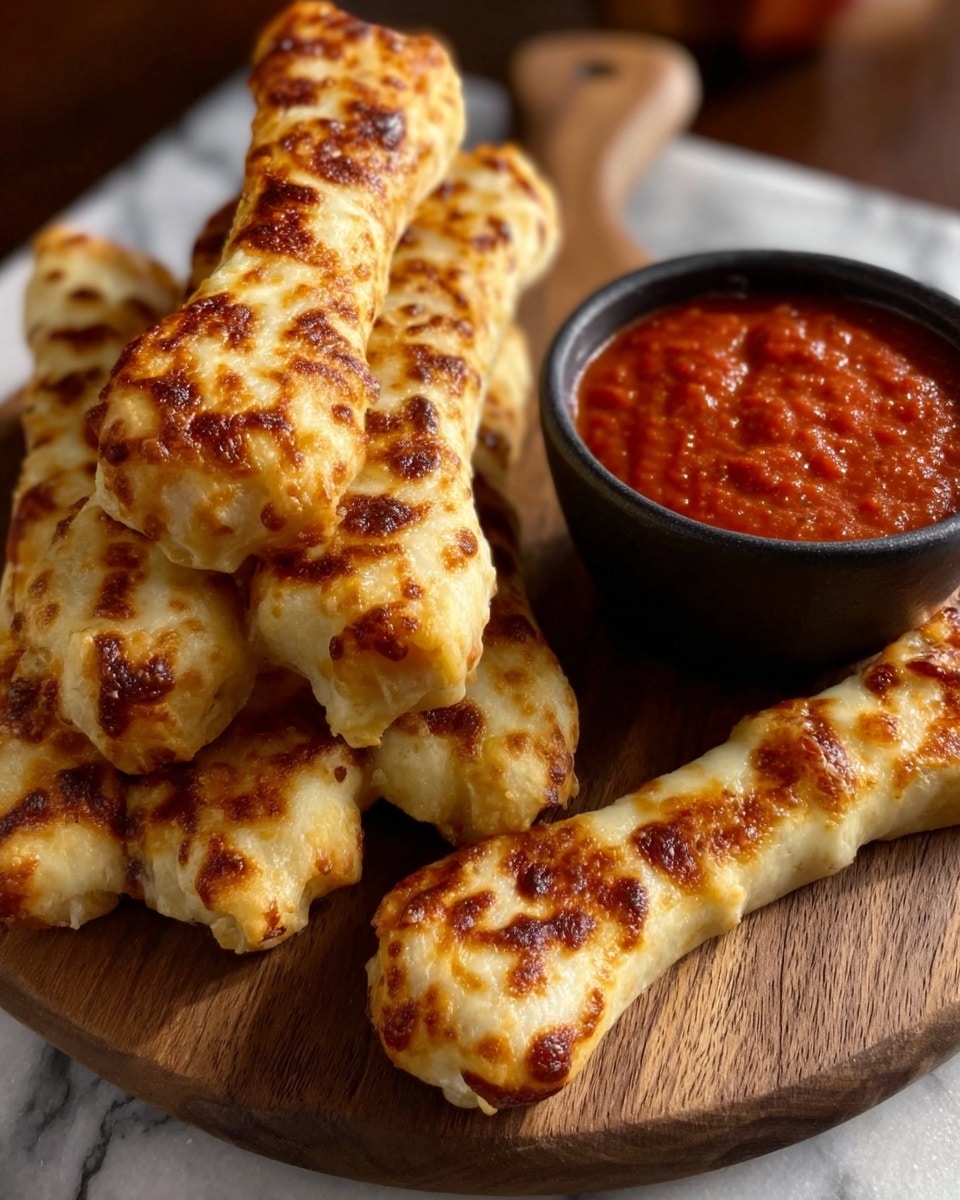 A round wooden board holds eight breadsticks shaped like bones, each with a golden-baked layer showing melted cheese with browned spots on top; the breadsticks have a light beige and slightly textured dough base with bubbly cheese patches. To the right side of the board, there is a small dark bowl filled with smooth, rich red marinara sauce, showing some texture on the surface. The background is changed to a white marbled texture photo taken with an iphone --ar 4:5 --v 7