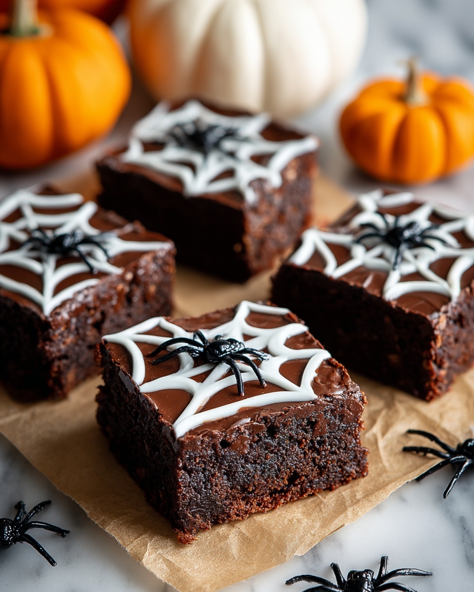 The image shows four square pieces of dark brown chocolate brownie on crumpled brown parchment paper. Each brownie has a smooth layer of chocolate on top, decorated with a white icing web pattern and a small black plastic spider placed in the center. The brownies have a moist texture with slightly crumbly edges. In the background, small pumpkins and more black plastic spiders are placed on a white marbled surface. The overall look is festive for Halloween, with a mix of warm and spooky elements. photo taken with an iphone --ar 4:5 --v 7