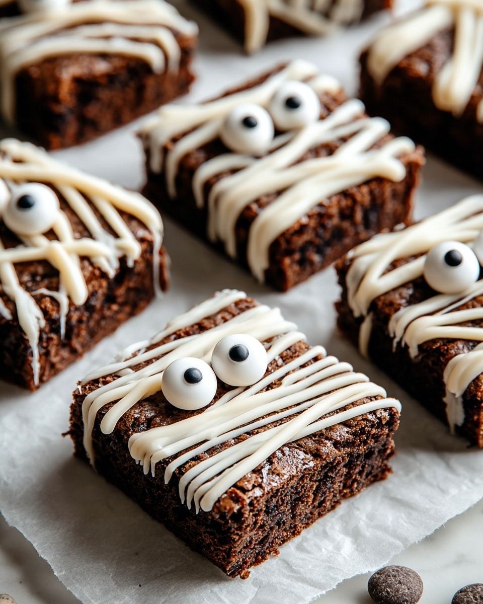 The image shows several square-shaped chocolate brownies with a dark, moist texture. Each brownie has two round white candy eyes with black centers placed on top near one edge. Over the brownies, there are thin lines of white drizzle, resembling stripes, scattered across unevenly and slightly dripping down the sides. The brownies sit on crumpled parchment paper against a white marbled surface, with soft, natural lighting giving a warm tone. Photo taken with an iphone --ar 4:5 --v 7