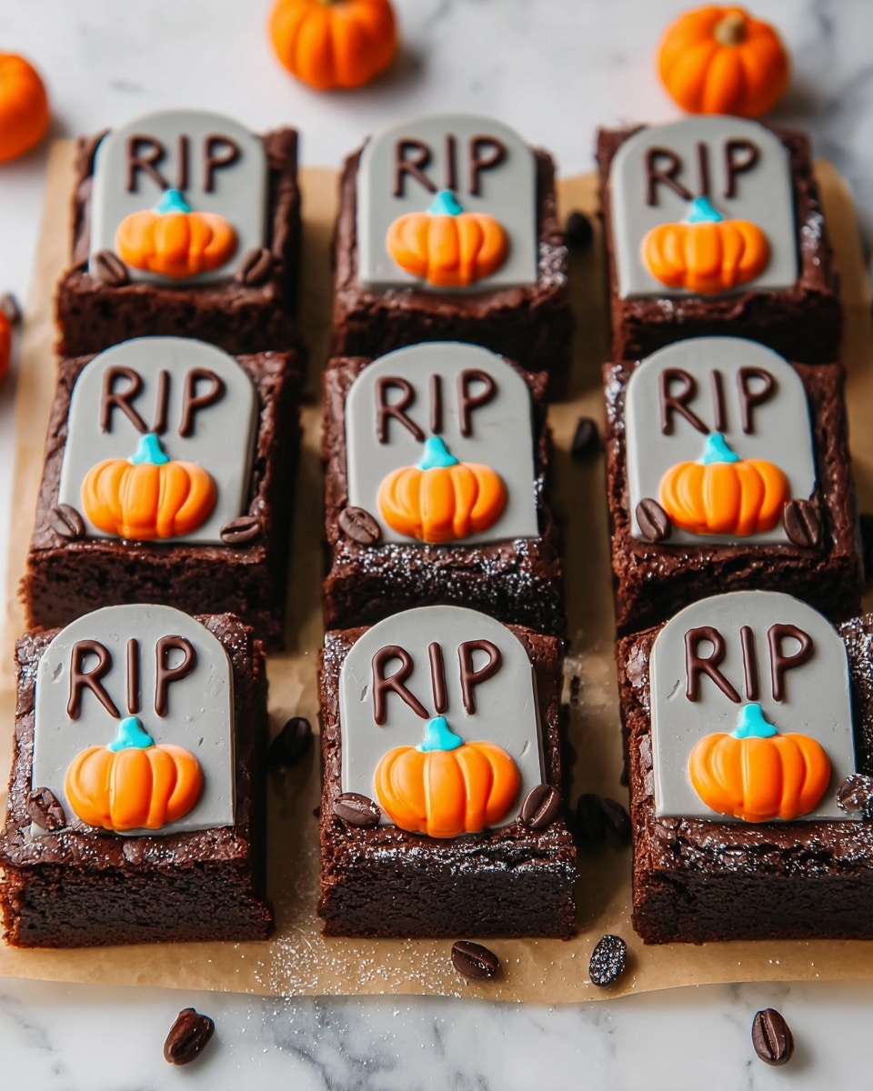 The image shows twelve square dark chocolate brownies arranged in a 4 by 3 grid on a piece of brown parchment paper over a white marbled surface. Each brownie has three main layers: a thick dark chocolate base, a lighter brown tombstone-shaped icing layer with 