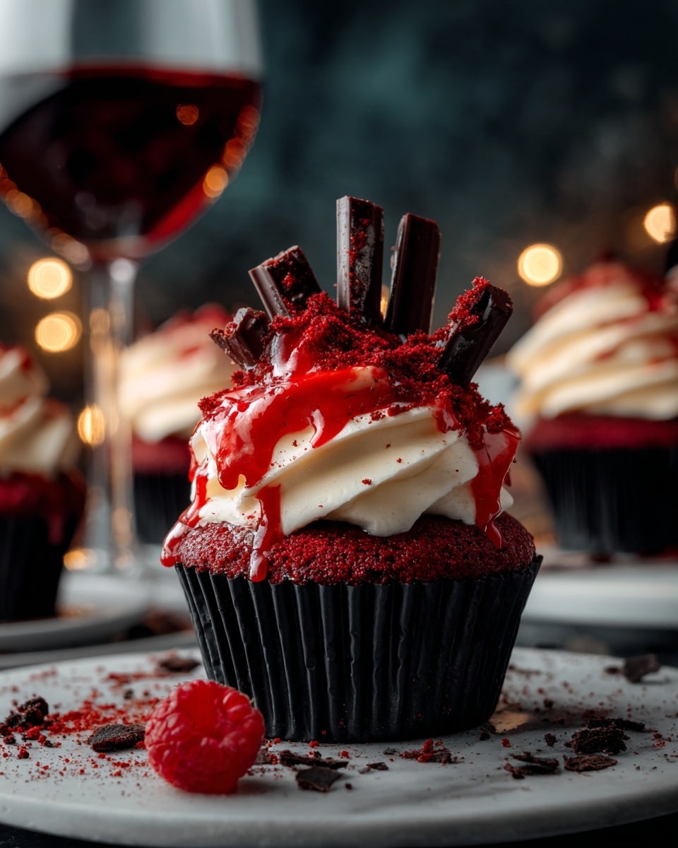 The image shows a close-up of a red velvet cupcake placed on a white plate with dark crumbs. The cupcake has three main layers: a deep red cake base in a black wrapper, a thick layer of smooth white cream frosting on top, and bright red syrup dripping over the frosting and cake’s side. Dark chocolate stick pieces are inserted into the frosting, standing upright around the peak. Red cake crumbs are sprinkled lightly over the frosting. In the background, there is a blurred glass of red wine and more cupcakes on white plates, all set against a dark, moody scene with small warm lights. A single red raspberry is placed near the plate on a white marbled surface. Photo taken with an iphone --ar 4:5 --v 7