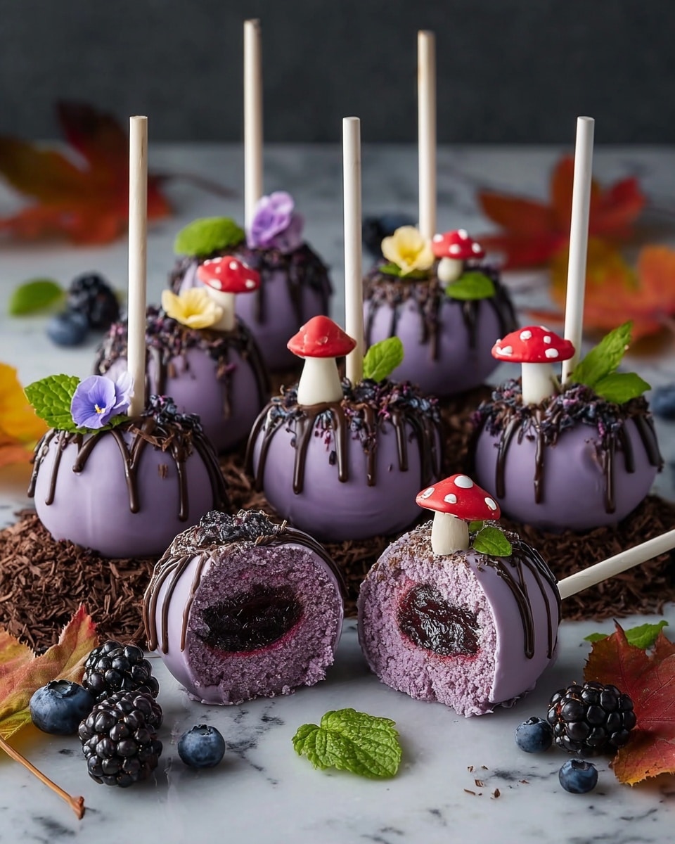 The image shows nine round purple cake pops with white sticks, arranged on a bed of dark brown chocolate shavings on a white marbled surface. Each cake pop is smooth and covered with dark chocolate drizzle on top. Some are decorated with small edible flowers, green leaves, and tiny red and white mushroom-shaped decorations. One cake pop and one cake on a wooden stick are cut open in the front, revealing a light purple inside layer with a dark red jelly center. Scattered blackberries, blueberries, mint leaves, and colorful autumn leaves surround the cake pops, adding extra color and a natural feel. Photo taken with an iphone --ar 4:5 --v 7