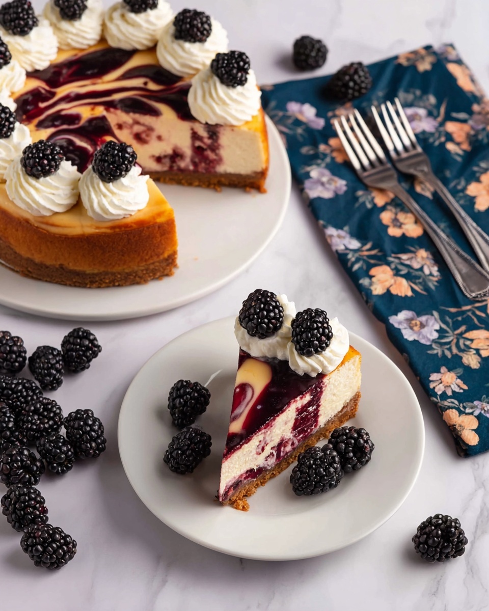 A cheesecake with a smooth golden-brown top swirled with dark berry sauce sits on a white plate. The cheesecake has three visible layers: a brown crumbly bottom crust, a thick creamy middle layer with berry streaks, and the swirled berry sauce on top. Along the edge of the cheesecake, there are dollops of white whipped cream, each topped with a shiny black blackberry. A slice of the cheesecake is placed on a white plate in the center of the image, decorated with whipped cream and blackberries on top, with three blackberries beside the slice. Around the plates, more fresh blackberries are scattered on a white marbled surface, and two silver forks rest on a dark blue floral-patterned napkin. Photo taken with an iphone --ar 4:5 --v 7
