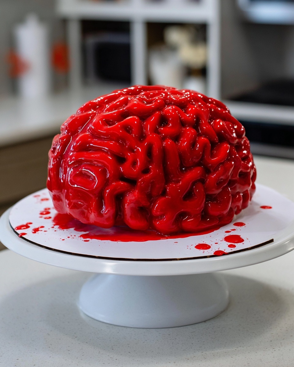 A brain-shaped cake sits on a white plate on a white marbled surface. The cake has many curved folds that look like brain wrinkles and is covered in bright, shiny red icing that drips slightly onto the plate. A woman's hand holds a blue brush applying more red glaze over the top, adding a glossy, wet texture. The background is blurred with soft kitchen colors, keeping the focus on the detailed, vibrant cake. photo taken with an iphone --ar 4:5 --v 7