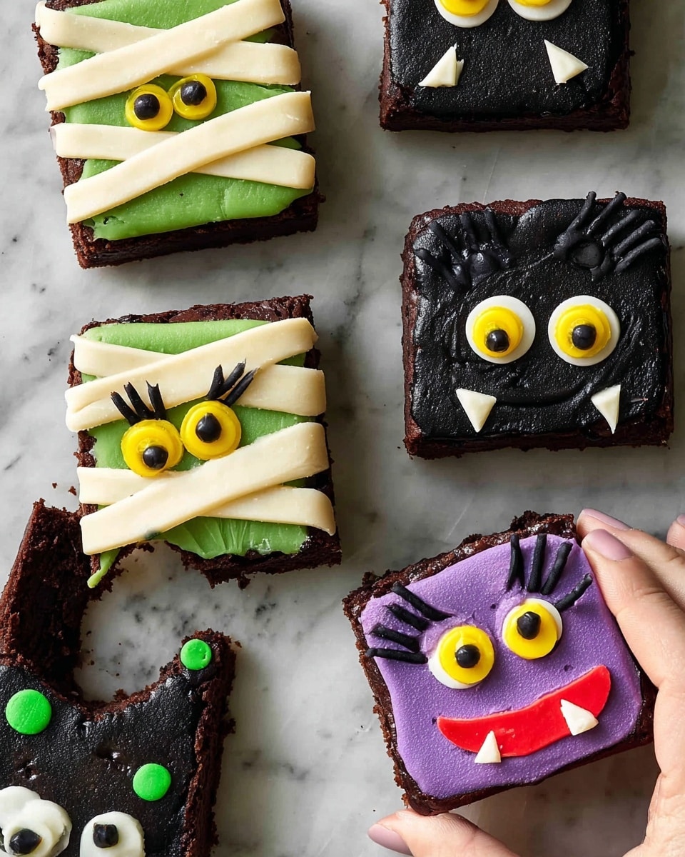 A white tray holds eight square Halloween-themed cookies with bright colorful icing. Four cookies are green with white mummy bandage lines across the top layer and yellow eyes peeking through detailed with black and white. Two purple cookies show spider shapes with black icing legs on the sides and green dots on top, and small red fangs near the bottom. Two other cookies show faces: one with a white top layer, large yellow and black eyes, a wide smile with red tongue details, and black hair on the top, and the other with a green face and black hair and stitch marks near the bottom. Two woman's hands hold cookies with small bites taken from the corners. The tray sits on a smooth white marbled surface. photo taken with an iphone --ar 4:5 --v 7