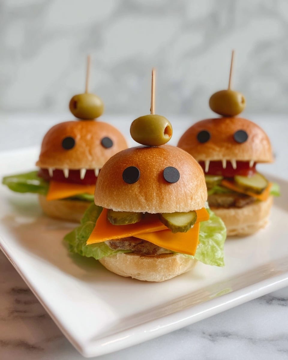 Three small burgers sit side by side on a long white plate, placed on a white marbled surface. Each burger has a soft, light brown bun on top and bottom, with a layer of green lettuce just inside the bottom bun. On the lettuce rests a thick pickle slice that sticks out in front. Above the pickle are thin slices of bright orange cheese, topped with a zigzag of red ketchup. Two small green olives are on top of each burger, each held by a wooden toothpick sticking through the top bun, making them look like eyes. The background shows a white tiled wall with a chevron pattern. Photo taken with an iphone --ar 4:5 --v 7