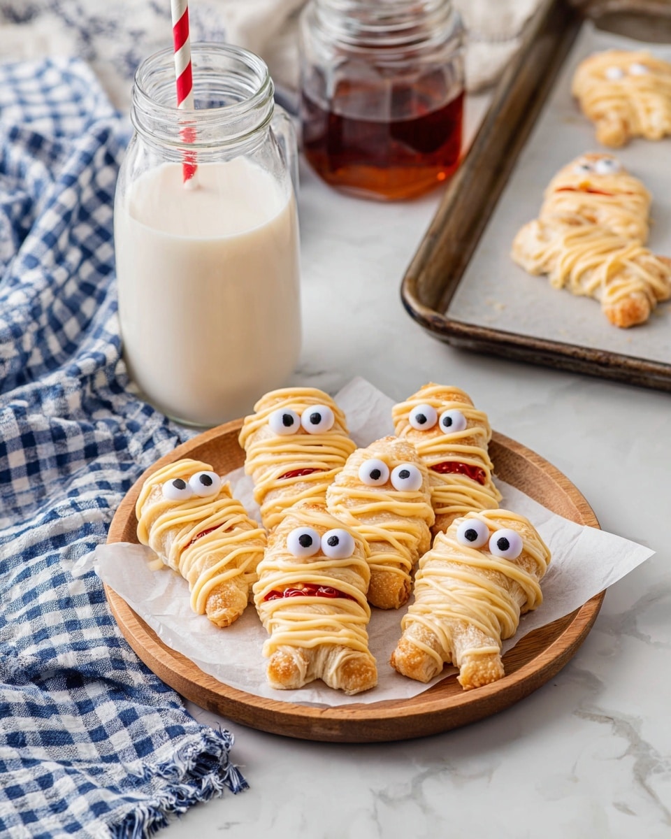 A wooden plate lined with white paper holds six light brown mummy-shaped pastries, each wrapped in pale yellow icing in a messy drizzle pattern and topped with two large white candy eyes with black centers, showing some red jelly peeking from underneath. Behind it, there is a glass bottle filled with white milk and a red and white striped straw, set on a white marbled surface with a blue and white checkered cloth nearby. To the right, a baking tray with parchment paper holds two more mummy pastries with the same design, and a glass jar containing a dark brown liquid sits in the upper background. photo taken with an iphone --ar 4:5 --v 7