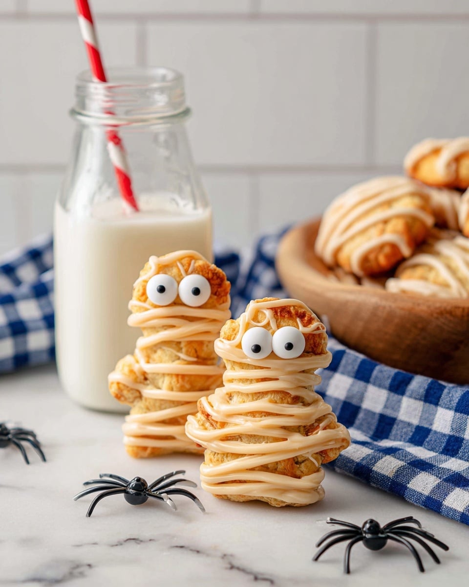 Two mummy-shaped pastries stand on a white marbled surface in front of a clear glass milk bottle with a red and white striped straw. Each pastry has one layer of golden-brown baked dough with a slightly textured surface, covered in light tan drizzled icing that looks like wrapped bandages. They both have two round white candy eyes with black pupils on the top part of their heads. Around the pastries, there are small black plastic spiders scattered on the surface. Behind them, a blue and white checkered cloth lies softly folded. To the right, part of a wooden bowl filled with similar pastries topped with white icing and candy eyes is visible. photo taken with an iphone --ar 4:5 --v 7