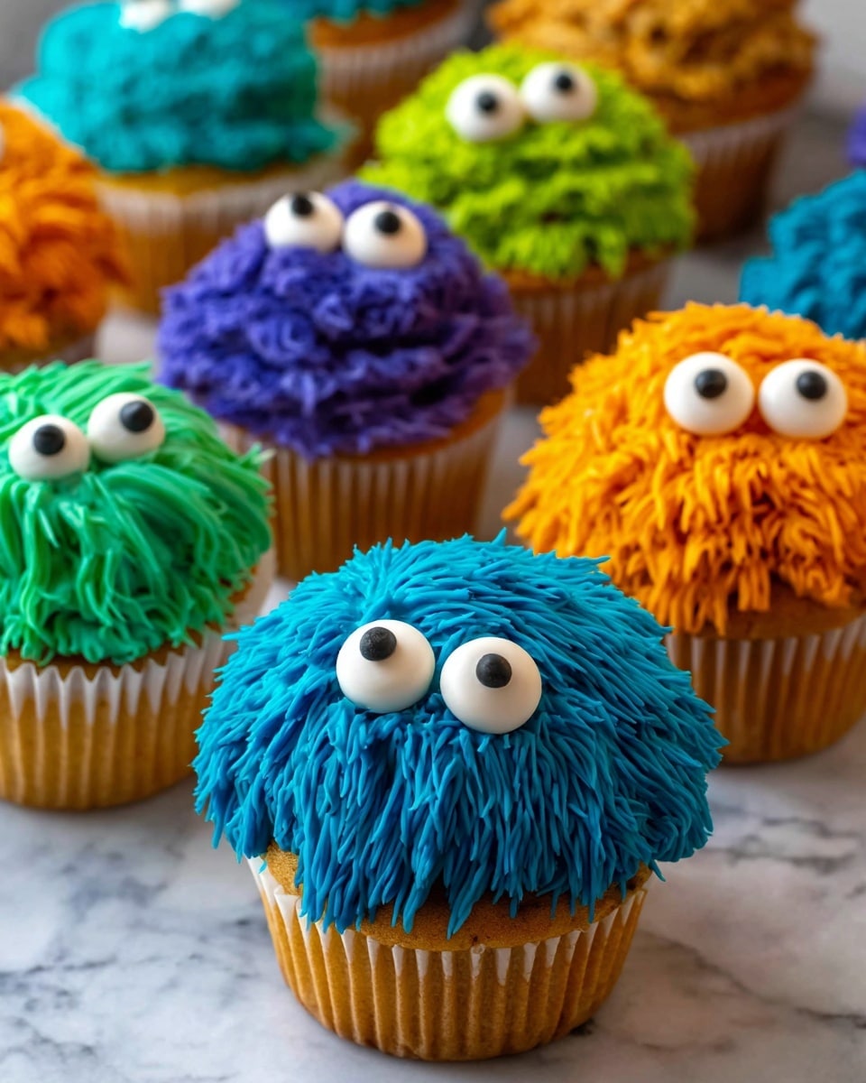 The image shows multiple cupcakes with colorful, textured frosting that looks like fur, each cupcake having two large, round white eyes with black pupils made of icing. The front cupcake has thick blue frosting piped in long strands over a golden brown cupcake base in a white paper liner. In the background are cupcakes with bright green, purple, orange, and additional blue frosting, all similarly textured and decorated with white candy eyes, sitting on a white marbled surface. The frosting strands are layered tightly to give a fluffy, playful look to each cupcake. Photo taken with an iphone --ar 4:5 --v 7