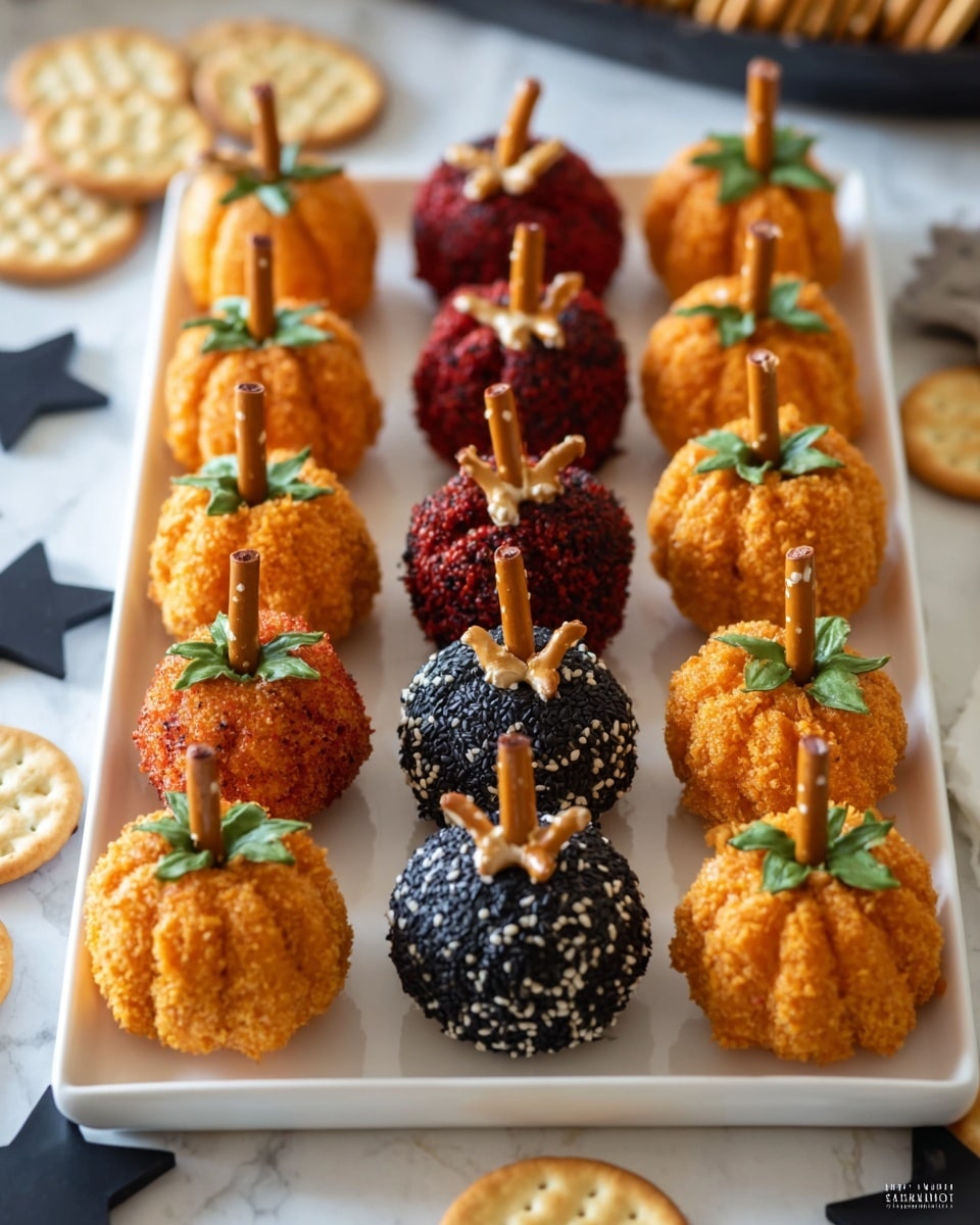 The image shows a white rectangular plate with three rows of small pumpkin-shaped appetizers. Each pumpkin is made of a round ball with vertical indentations to create the pumpkin shape. There are three color types: bright orange pumpkins with a crumbly texture, deep red pumpkins with a smooth powdery coating, and black pumpkins covered in black and white sesame seeds. Each pumpkin has a small pretzel stick placed in the center as the pumpkin stem. Small green leaves are placed next to some stems for decoration. Around the plate are round crackers on a white marbled surface with a few black star decorations visible. Photo taken with an iphone --ar 4:5 --v 7