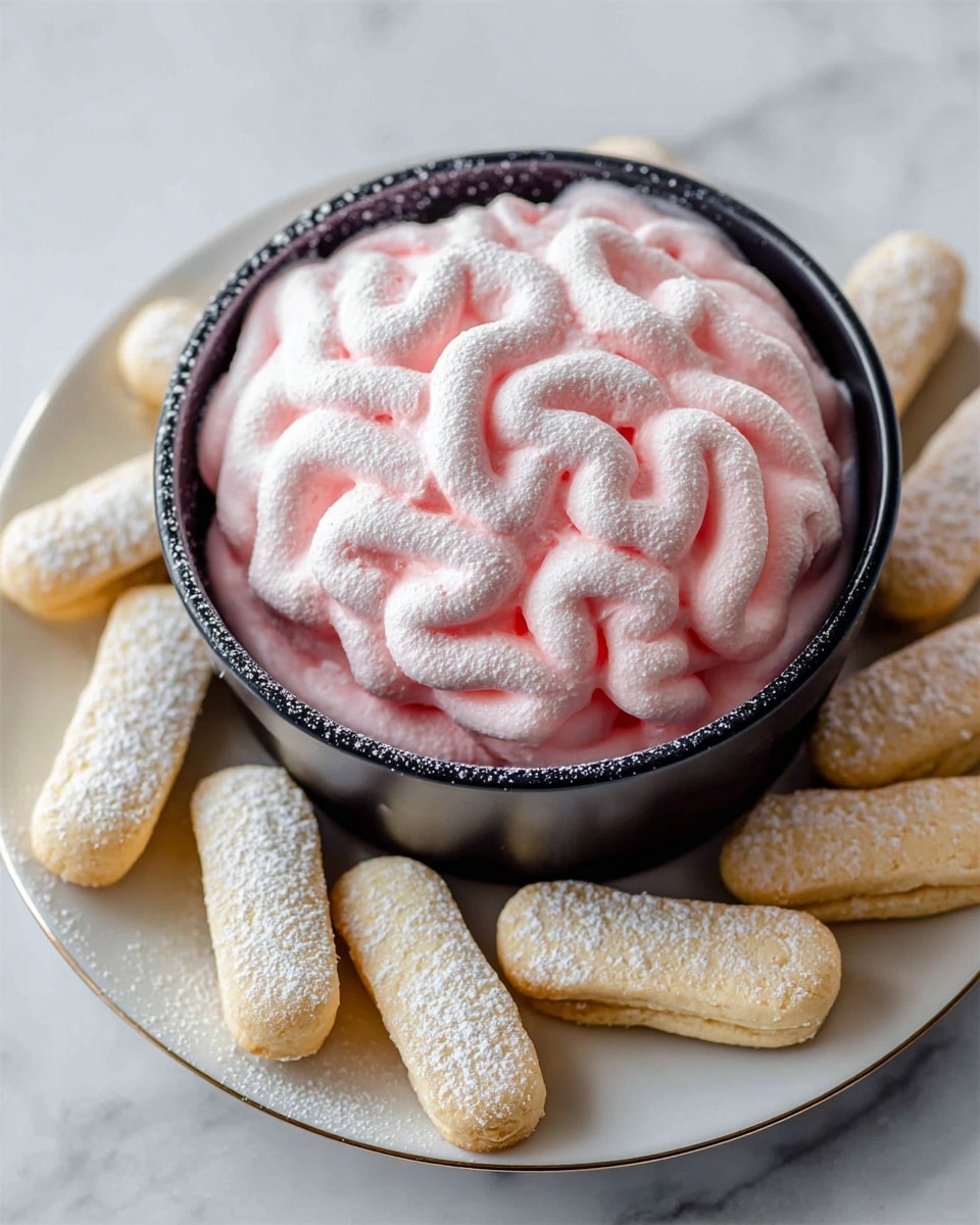 The image shows a black bowl filled to the top with soft pink and white whipped cream shaped like a brain, with smooth, rounded, and swirled textures that create a brain-like pattern on its surface. The bowl sits in the middle of a white plate lined with several light yellow ladyfinger cookies dusted with white powdered sugar. The whole setup is placed on a white marbled textured surface, providing a clean and bright background. The photo taken with an iphone --ar 4:5 --v 7