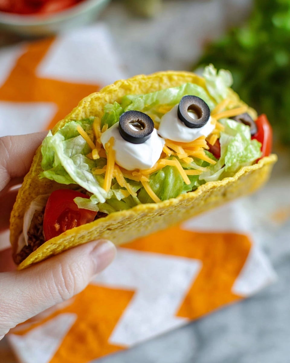 Four tacos are placed side by side on a long white rectangular plate, set on a white marbled surface with an orange and white zigzag cloth underneath. Each taco shell is yellow and filled with multiple layers: a base of cooked ground meat, topped with shredded green lettuce and small cherry tomato halves, followed by a sprinkling of shredded cheese. On top of the cheese, there is a generous dollop of white sour cream, each topped with two black olive slices. The tacos are evenly spaced and neatly arranged in a row. photo taken with an iphone --ar 4:5 --v 7