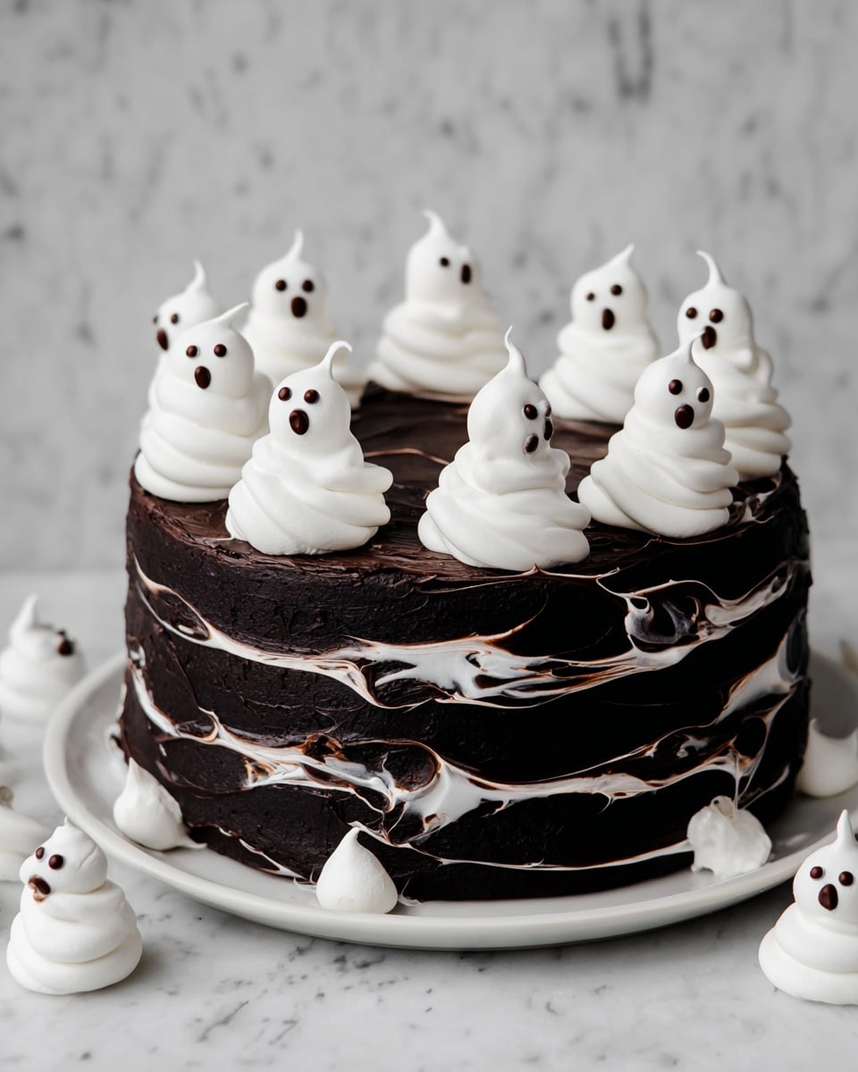 A round cake with three visible layers covered in dark black chocolate frosting, with white cream smeared in a messy swirl around the sides and top edges. On the top, there are small white ghost-shaped meringue figures with chocolate eyes and open mouths, arranged in a circle. Similar ghost meringues are scattered around the white marbled surface surrounding the cake. The cake sits on a plain white plate, and the background is a white marbled texture. Photo taken with an iphone --ar 4:5 --v 7