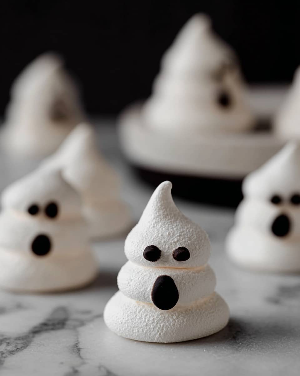 The image shows several small, white meringue treats shaped like ghosts with three layers visible: a rough textured base, a round middle layer, and a pointed top layer. Each ghost has two small, round black eyes and an open, oval-shaped black mouth. They are placed on a white marbled surface with some positioned on a white plate. The background is blurred, highlighting the ghost meringue in the foreground. photo taken with an iphone --ar 4:5 --v 7