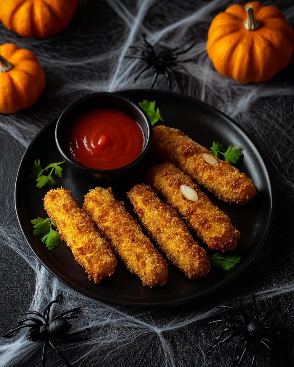 The image shows a white plate with five golden-brown fried finger-shaped snacks, each topped with a single almond at the wider end. The snacks are lined up in a row, with small green herb leaves scattered around them. A small black bowl filled with bright red sauce sits on the left side of the plate. The background features a white marbled surface with two small orange pumpkins and two black plastic spiders, along with white spider web decorations. The lighting creates warm shadows, giving the dish a cozy, Halloween-themed look photo taken with an iphone --ar 4:5 --v 7