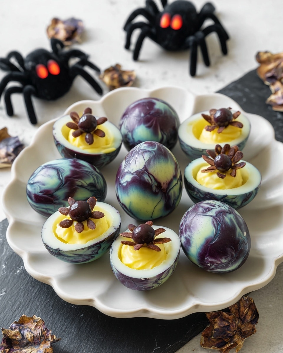 The image shows a black plate holding four teal eggs with dark purple marbled veins, each sliced in half horizontally. The eggs have a pale yellow creamy filling, resembling deviled eggs. Two eggs are topped with a large dark brown olive in the center, surrounded like legs of a spider by thinly sliced brown pieces, and with two small black peppercorns near the olive, creating a spider shape. One egg half at the back shows just the marbled shell without filling, and the fourth piece is a plain deviled egg without toppings. The plate is on a wooden surface, and there is a blurred white plate with more deviled eggs in the background. photo taken with an iphone --ar 4:5 --v 7