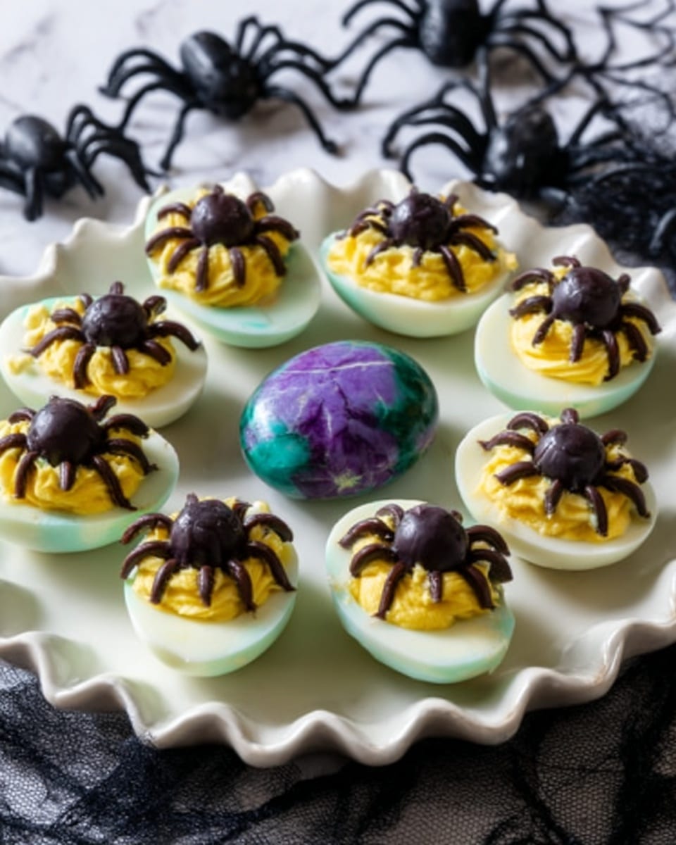 The image shows a white scalloped plate filled with seven deviled eggs, each decorated to look like small spiders. The deviled eggs have a creamy yellow yolk filling with a black olive placed on top as the spider body. Thin slices of black olives are arranged around the olive to form spider legs. In the center of the plate is a purple and green stone with web-like patterns. The plate is set on a white marbled surface, and in the background, there are dark spider decorations creating a spooky theme. photo taken with an iphone --ar 4:5 --v 7