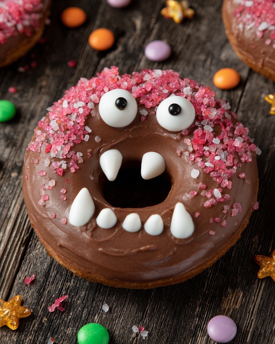 A chocolate donut with a smooth, dark brown chocolate glaze covers the entire top surface, decorated to look like a monster face. It has two large round white candy eyes with black centers near the top edge. Around the donut, there are small round sprinkles in pale yellow, green, white, and tiny orange leaf-shaped sprinkles. In the middle, white icing forms an open mouth shape with four sharp teeth on the top and bottom, showing the donut hole in the center. The donut sits on a rustic wooden surface surrounded by candy eyeballs and orange candy balls, with blurred dark bottles and warm lighting in the background. Photo taken with an iphone --ar 4:5 --v 7