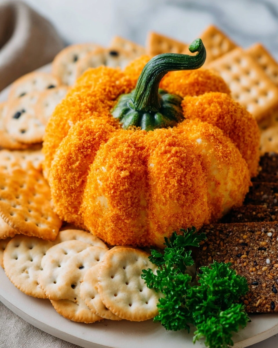 Pumpkin-Shaped Cheese Ball with Crunchy Crackers and Bell Pepper Stem Recipe