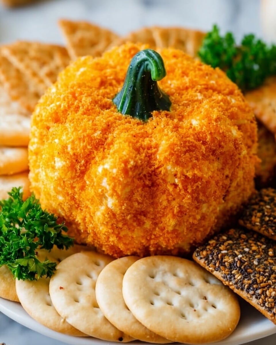 A small pumpkin-shaped cheese ball sits in the center of a white plate, its surface covered with bright orange coating giving a textured look. At the top, a short green stem adds contrast and detail. Surrounding the pumpkin cheese ball, there are several layers of crackers with different colors and textures: light beige round crackers evenly placed on one side and darker rectangular crackers with seeds on the other side. A small sprig of green parsley is placed near the crackers, adding a fresh touch. The plate is set on a white marbled surface. photo taken with an iphone --ar 4:5 --v 7