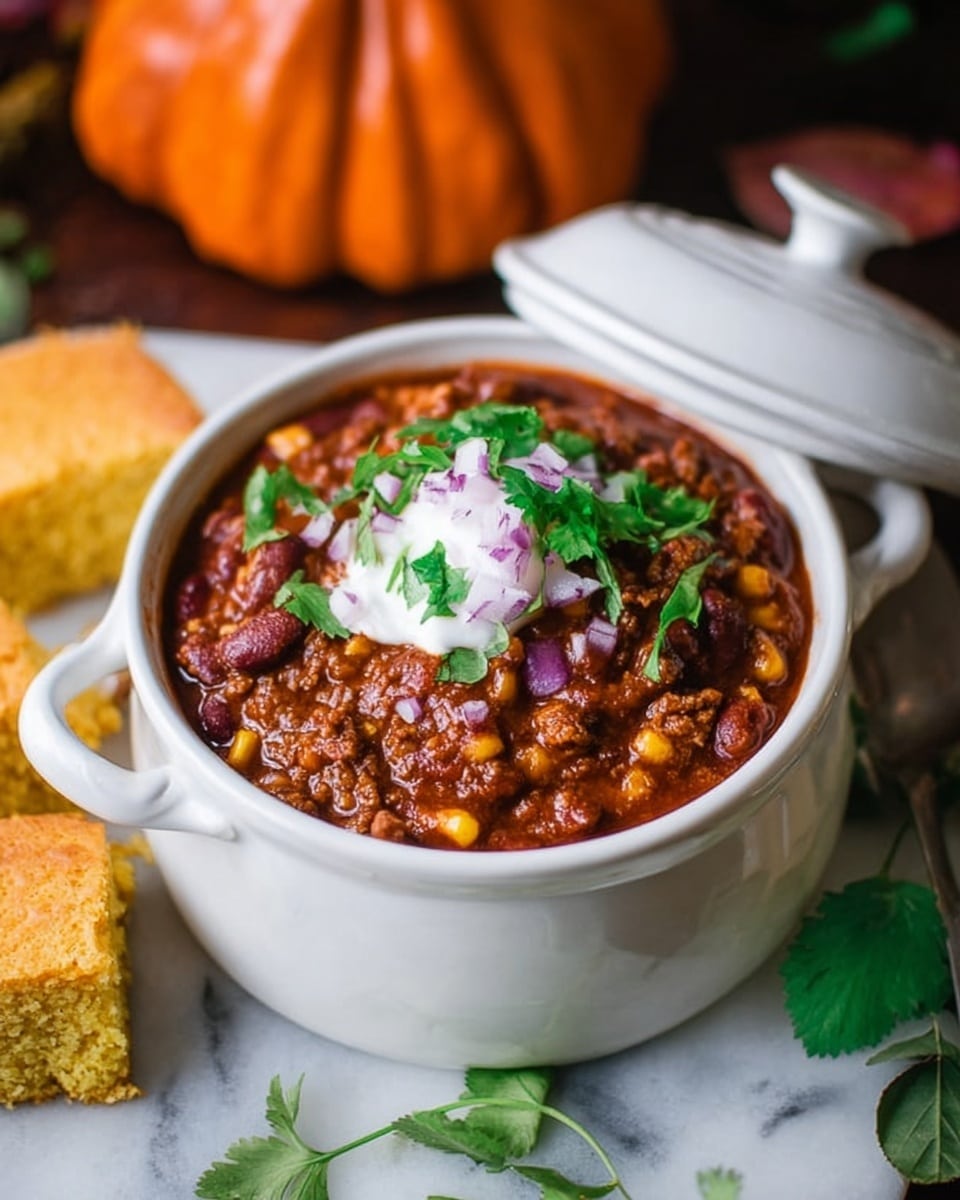 A white bowl with two handles holds a rich, dark red chili filled with ground meat, kidney beans, and corn. On top, there is a smooth white dollop of sour cream, garnished with fresh green cilantro leaves and small pieces of chopped purple onion. Around the bowl, there are several square pieces of golden-yellow cornbread, with a light and slightly crumbly texture. The bowl is set on a piece of fabric with autumn-style leaves in green, red, and yellow, pinecones, and a white pumpkin nearby, all placed on a white marbled surface. A woman's hand is holding a spoon inside the bowl. Photo taken with an iphone --ar 4:5 --v 7