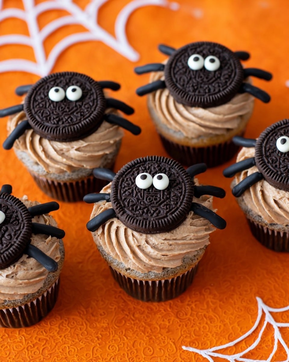 The image shows five cupcakes topped with light brown swirled frosting. Each cupcake has a whole Oreo cookie placed in the center on top of the frosting. The Oreos are decorated to look like spiders, with black icing legs extending from the cookie edges and two small white candy eyes with black dots placed on each cookie. The cupcakes are set on an orange surface with a white spider web decoration around them. The photo taken with an iphone --ar 4:5 --v 7