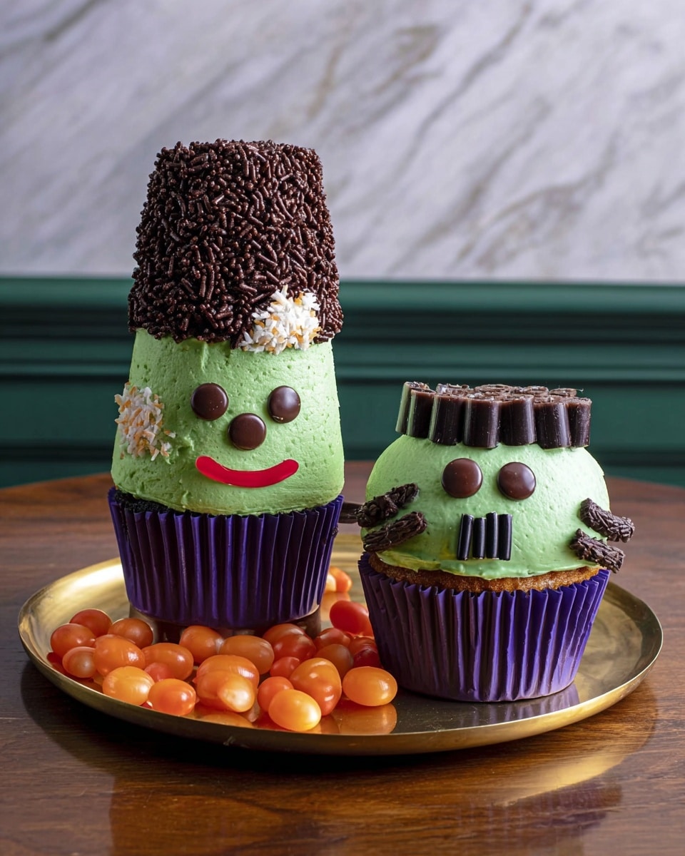 The image shows two cupcakes with green frosting placed on purple cupcake liners. The cupcake on the left is tall and cone-shaped, covered in dark chocolate sprinkles on top, with a small white patch made of coconut flakes on one side; it has two round chocolate pieces as eyes and a small red curved line as a mouth on the green frosting. The cupcake on the right is shorter and rounder, decorated with a row of dark chocolate sprinkles along the top edge to resemble hair, two round chocolate pieces as eyes, a small black curved line as a mouth, and two black licorice pieces sticking out from each side like bolts; it also has a small red zigzag line on the left cheek. Both cupcakes sit on a shiny gold plate filled with small orange jelly beans, arranged on a wooden table with a white marbled background. photo taken with an iphone --ar 4:5 --v 7