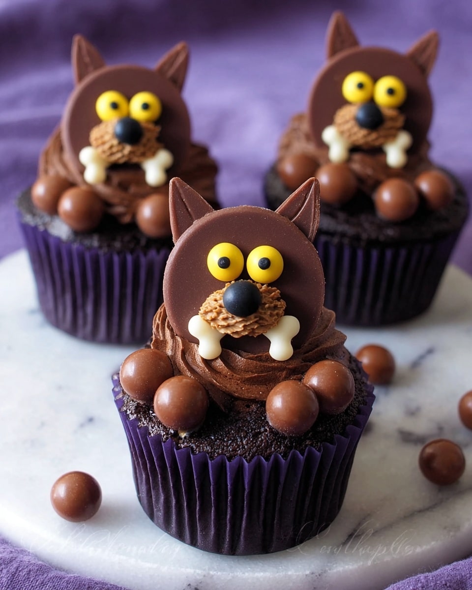 Three chocolate cupcakes are shown on a white marbled surface with a soft purple cloth background. Each cupcake has a dark chocolate base with a smooth, thick layer of dark brown chocolate frosting on top. The front cupcake features a large round chocolate disk shaped like a dog's face, with two pointed chocolate ears at the top. The dog's eyes are made from yellow and black candy, and a black candy nose sits in the center over a small brown peanut butter cup that creates the muzzle. White candy bones serve as teeth, and round chocolate balls form the dog's front paws on either side of the frosting. The other two cupcakes in the background have the same decoration. Photo taken with an iphone --ar 4:5 --v 7
