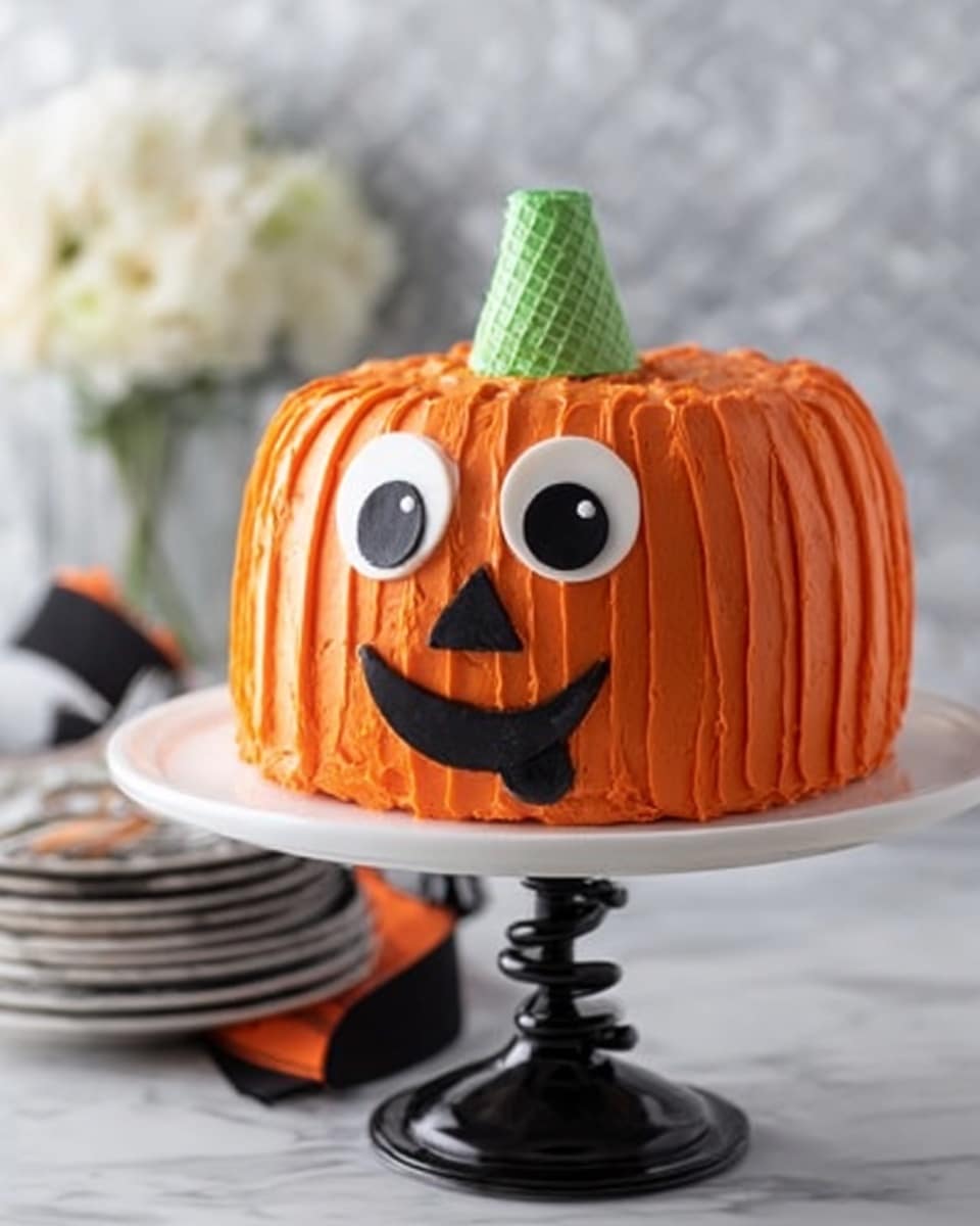A cake shaped like a bright orange pumpkin with smooth, vertical ridges covering its rounded surface. At the top center, a small green ice cream cone stands as the pumpkin’s stem. The pumpkin has two large, white candy eyes with black pupils, slightly crossed for a playful look. Below the eyes is a smiling black mouth with a small triangular black nose above it. The cake sits on a black, twisted pedestal stand on a white marbled surface, with a blurred background including stacked white plates and a small black container tied with an orange and black ribbon. Photo taken with an iphone --ar 4:5 --v 7