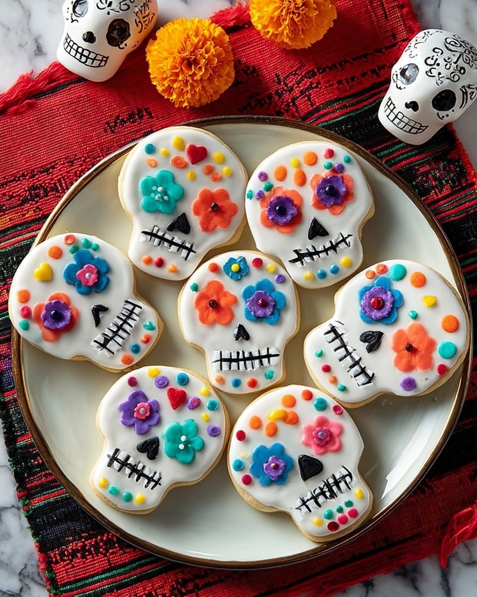 The image shows a white plate holding six skull-shaped cookies with smooth white icing as the base layer. Each cookie has detailed colorful decorations made of small candy pieces and icing: eyes are formed by round candies or heart shapes, noses made with small colorful candy or icing designs, and mouths outlined with black icing shaped like stitches. Some skulls have bright flower-shaped candies in different colors like orange, blue, purple, and yellow arranged on the forehead or around the eyes. The plate is placed on a bright red and black woven cloth next to two white skull-shaped decorative objects and a small orange marigold flower. The background is a white marbled texture. photo taken with an iphone --ar 4:5 --v 7