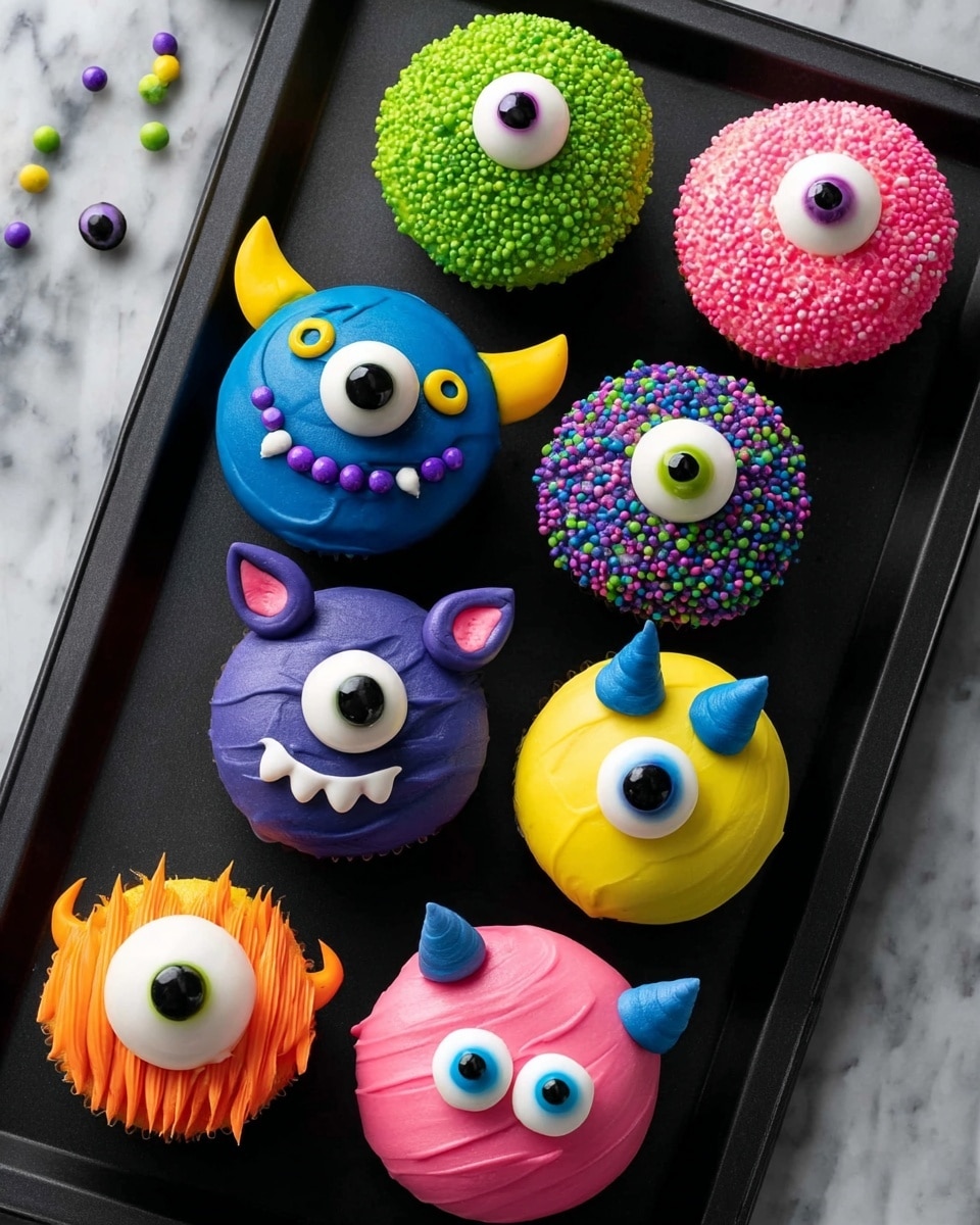 There are nine round cupcakes on a black rectangular tray, placed on a dark surface. Each cupcake looks like a colorful monster face with one or two eyes. The top left cupcake is blue with a big yellow and white eye and yellow horns. Next to it is a green cupcake covered in green sprinkles with a single blue eye at the center. Below, a pink cupcake has a green eye with pink sprinkles around the edges. Beside it, a purple cupcake features a large white and purple eye framed in black with small purple beads covering its edges. In the center, a bright blue cupcake has two small white eyes with black pupils, a blue nose, and blue ears. On its right, an orange cupcake has a green eye with orange spikes around the edge and a swirl of orange icing on top. The lower row starts left with a pink cupcake with two white eyes, a pink nose, and pink ears. Next to it, a lime green cupcake shows three white eyes and two small green ears. Lastly, a pink cupcake on the far right features a big yellow and white eye with blue and black eyelashes decorations. The image is clear and bright, photo taken with an iphone --ar 4:5 --v 7
