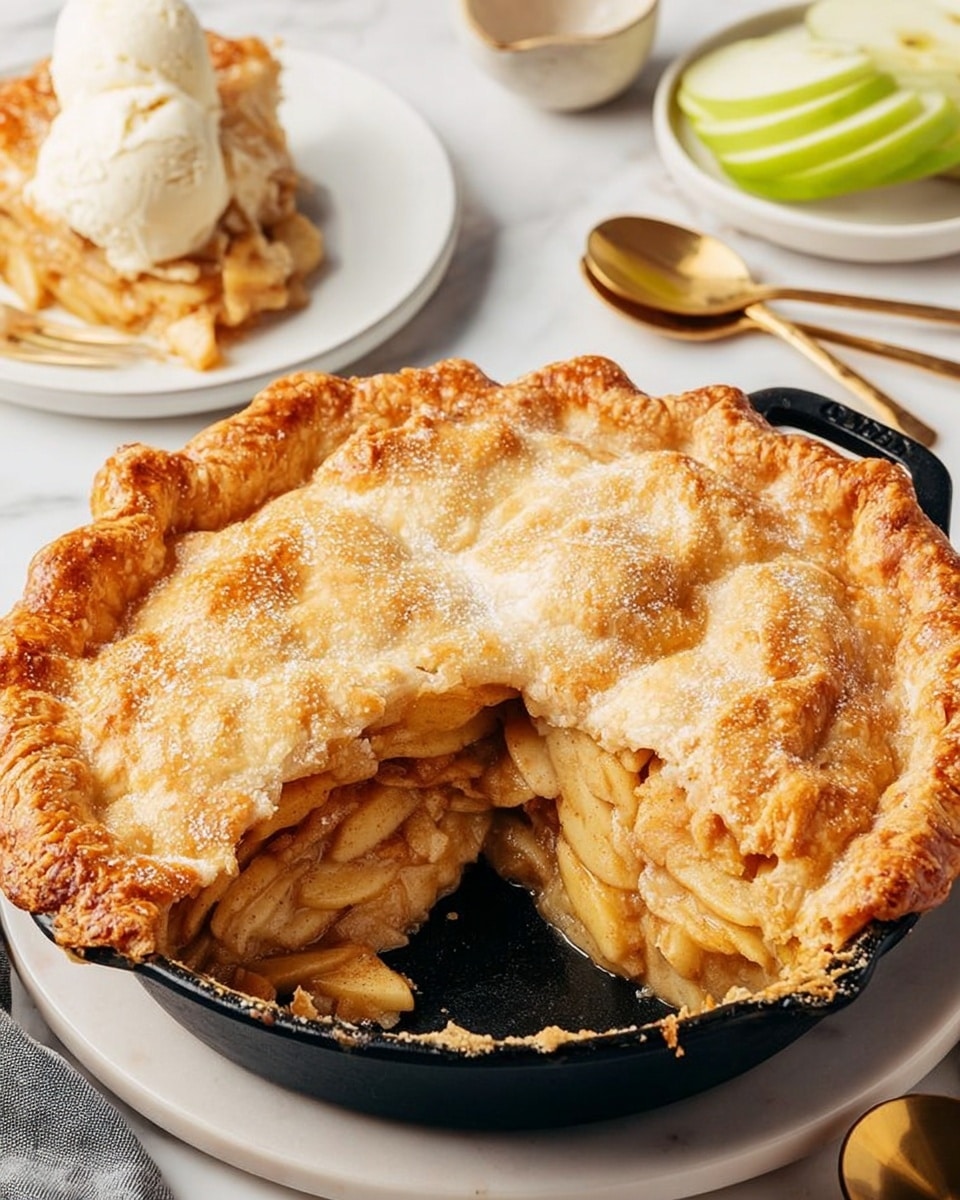 A golden-brown apple pie with a thick, flaky crust sits in a black skillet placed on a white plate, revealing a missing slice that shows layers of cooked apple filling in warm yellow and brown shades inside. The top crust is slightly crumbled and has a light sprinkling of sugar. In the background on the white marbled surface, there is a white plate with the missing slice of pie topped with creamy pale beige ice cream, a woman's hand holding the plate, some golden spoons, and sliced green apples on the side. Photo taken with an iphone --ar 4:5 --v 7