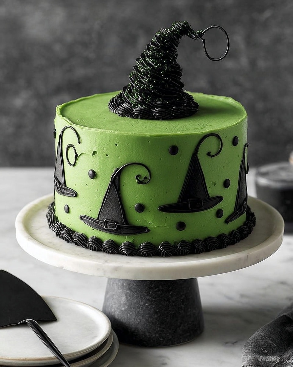 This cake has two layers covered in smooth bright green frosting. The sides of the cake are decorated with black icing shaped like different witch hats, each with clear, simple lines, and small black dots scattered around. On the top center, there is a swirl of black frosting that holds a delicate black witch hat made from icing, surrounded by small black sprinkles. The cake is placed on a white marbled textured surface and on a dark gray marble cake stand. Nearby is a white plate with a black cake server on it. photo taken with an iphone --ar 4:5 --v 7