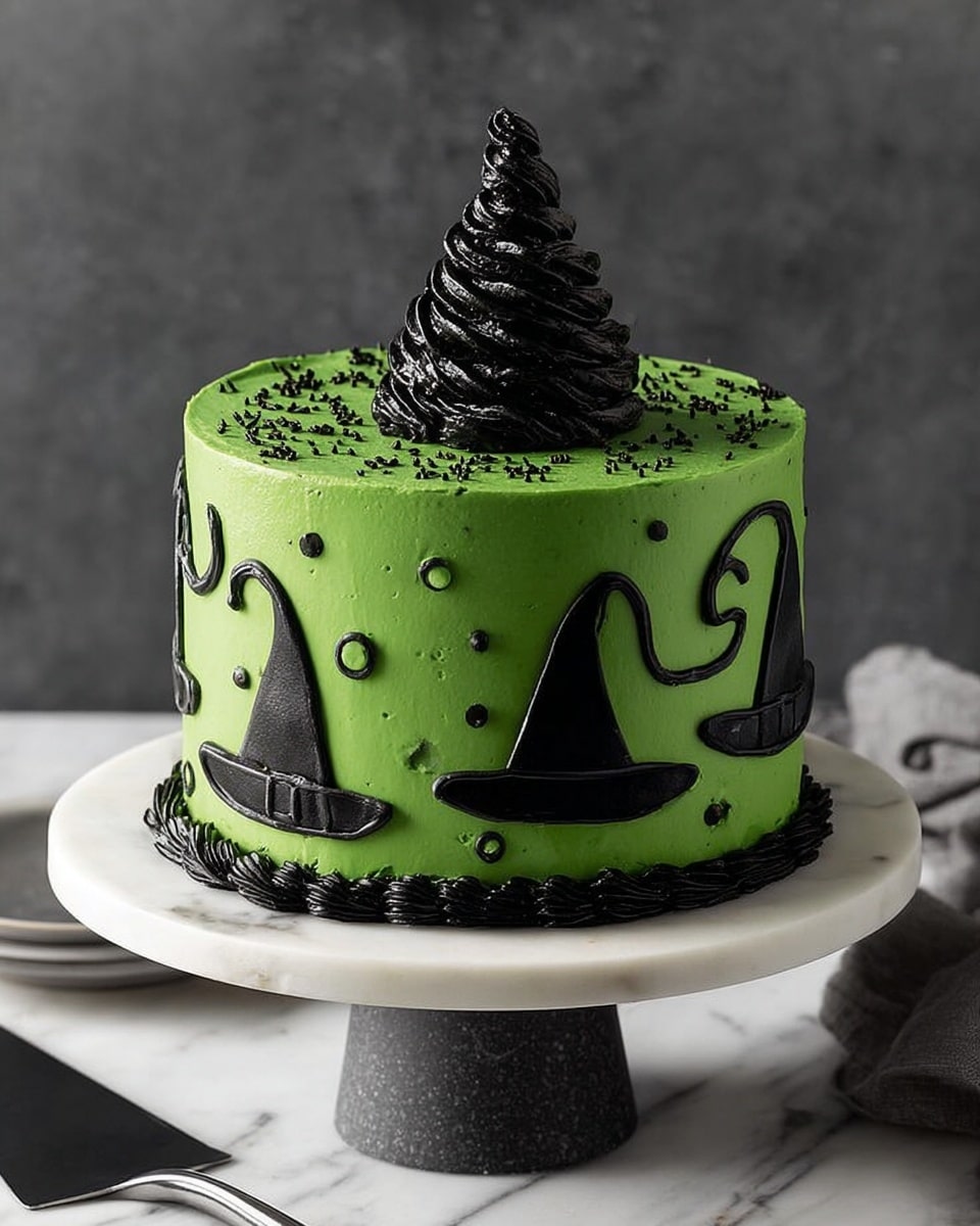 The cake is a tall round shape with smooth bright green frosting all over. Around the sides are black icing lines forming many different witch hats with simple details, spaced apart with small black dots. On top, there is a swirl of black frosting in the center, topped with a black witch hat made from candy or chocolate, and some small black sprinkles scattered near the swirl. The cake sits on a dark stone cake stand, and the background is a white marbled surface with a dark wall behind. Photo taken with an iphone --ar 4:5 --v 7
