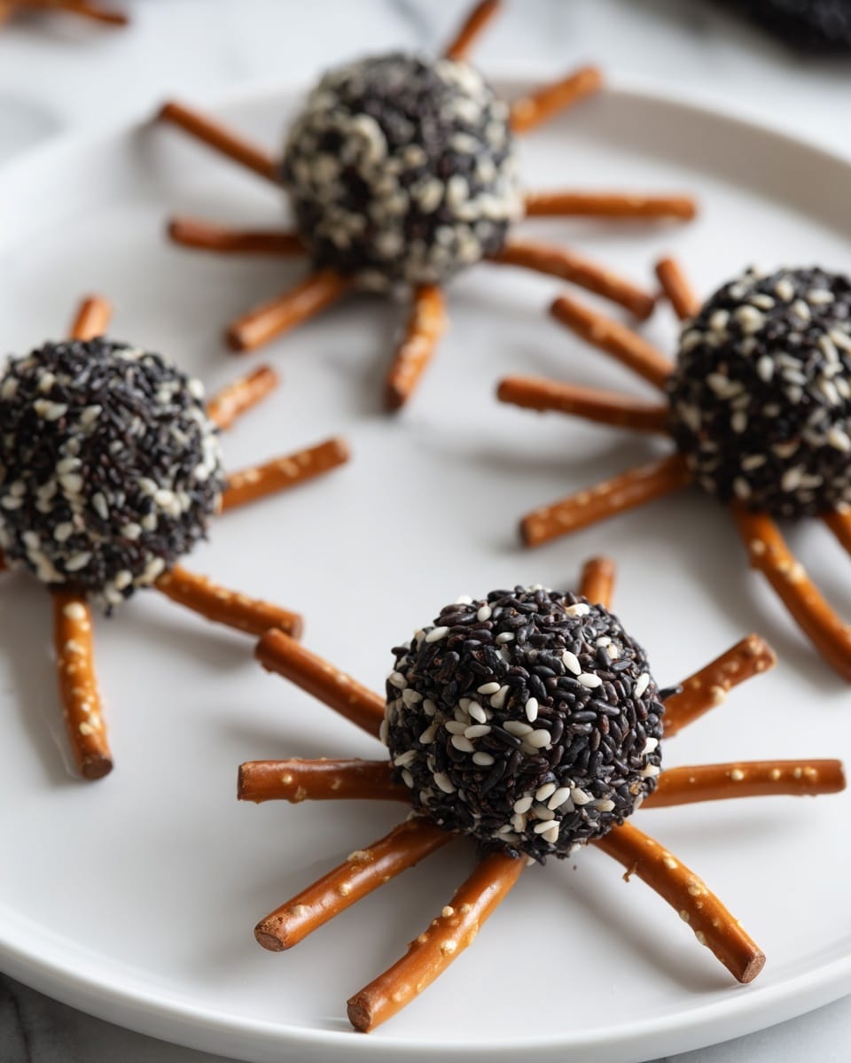 The image shows a close-up of a woman's hand holding a small knife, pressing into a black cheese ball coated in black and white sesame seeds. The cheese ball is decorated with several small brown pretzel sticks sticking out evenly around its sides, resembling spider legs. Behind the cheese balls, there is a bunch of light green grapes adding a fresh contrast. The objects are placed on a wooden board with a white marbled surface underneath. The scene is cozy with blurred background details including a clear glass, white plate, black cloth, and parts of silverware visible. photo taken with an iphone --ar 4:5 --v 7