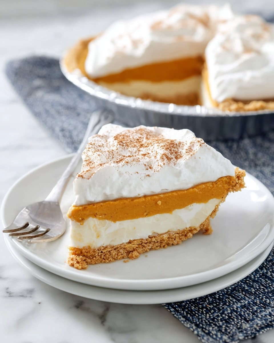 The image shows a slice of layered pie on a white plate with a silver fork beside it. The pie has three clear layers: a light brown crumbly crust at the bottom, a thick white creamy layer in the middle, and a bright orange smooth layer above it. The top is covered with a fluffy white whipped cream layer sprinkled lightly with brown spice powder. In the background, the remaining pie is visible in a silver foil pie pan on a white marbled surface. Photo taken with an iphone --ar 4:5 --v 7