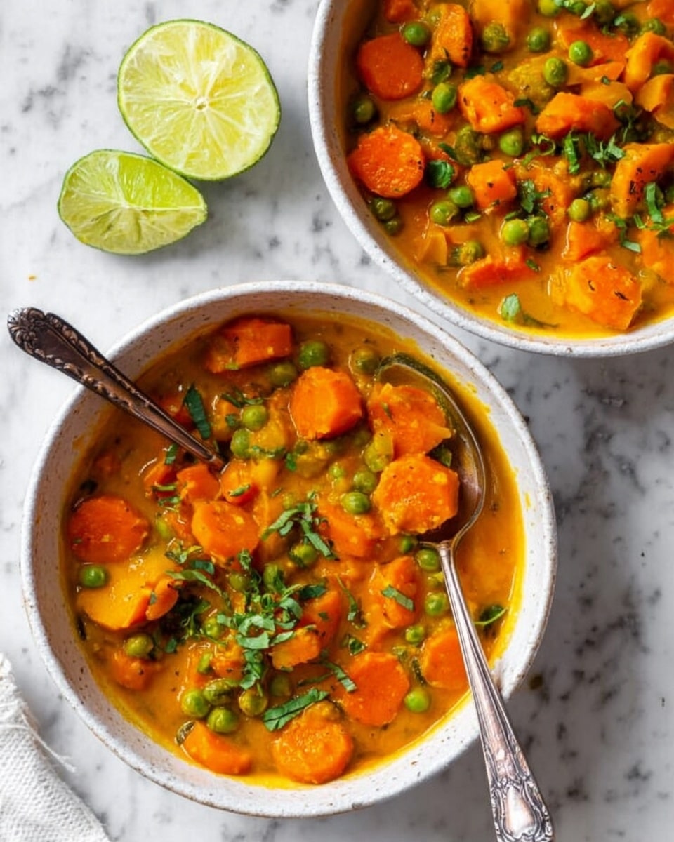 A white bowl is filled with a thick stew consisting of three main layers: at the bottom, a creamy orange-yellow sauce forms the base; the middle layer shows bright orange carrot slices and light green peas scattered throughout; the top layer includes pieces of golden-brown cooked tofu and small green herb leaves sprinkled over the stew. A spoon rests on the right side inside the bowl. The bowl sits on a white marbled surface with a light-colored cloth partially visible near the edge photo taken with an iphone --ar 4:5 --v 7