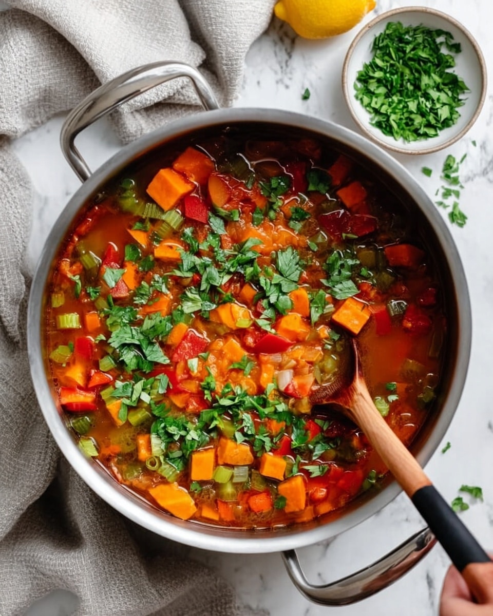 A close-up view of a ladle scooping up a colorful soup from a pot, showing three main layers: at the bottom, small round lentils and light orange carrot pieces; in the middle, larger chunks of pale orange sweet potato and translucent white and purple onion pieces; on the top, bright red tomato chunks and fresh green chopped herbs floating in the reddish-brown broth. The pot sits on a white marbled surface, with part of a white utensil visible on the side. Photo taken with an iphone --ar 4:5 --v 7