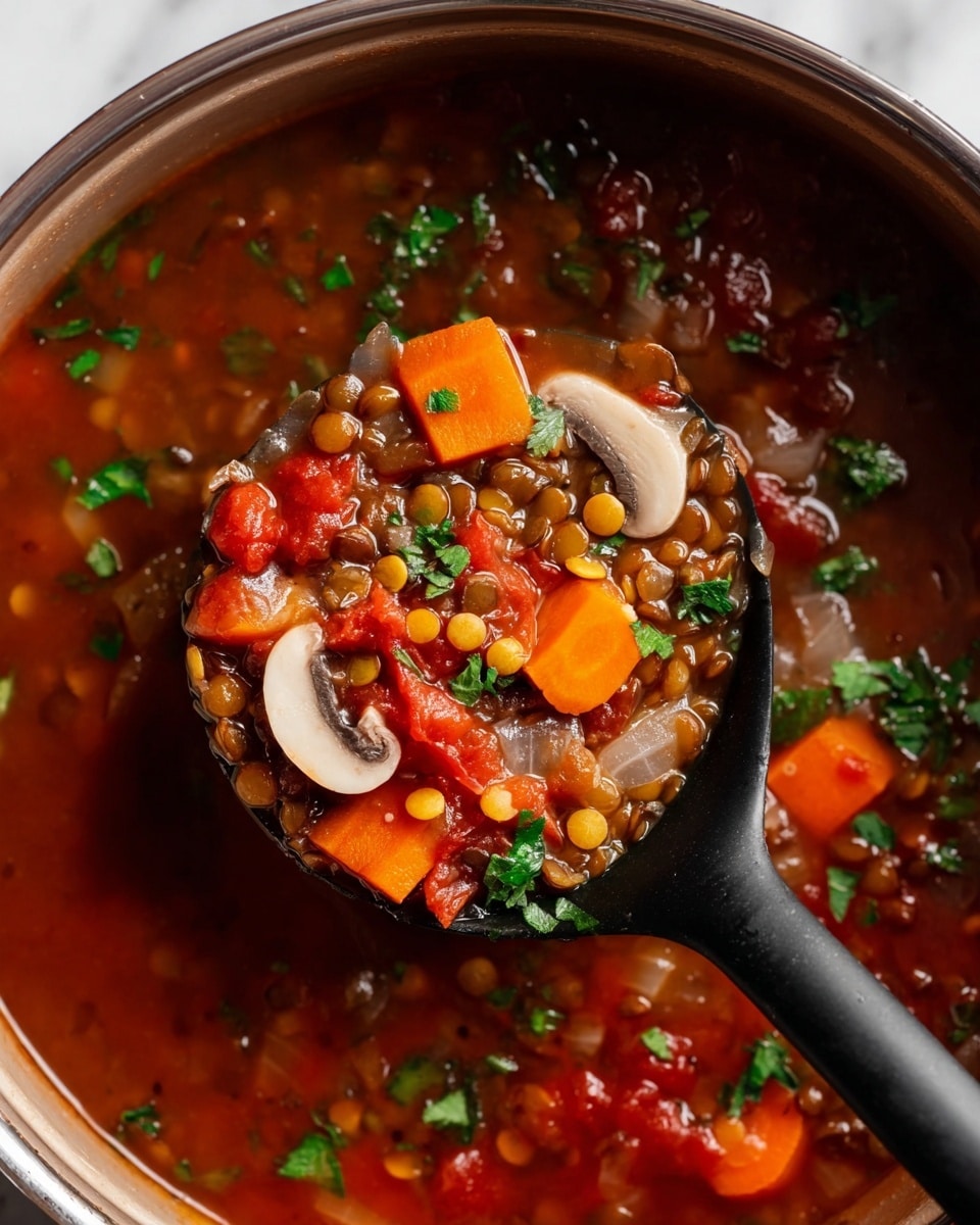 The image shows a metal cooking pot filled with a colorful vegetable stew. The stew has several layers of ingredients, starting with a clear reddish broth base, followed by bright orange chunks of carrots, small green lentils, and some pieces of onion. Fresh green cilantro leaves are generously sprinkled on top, adding a fresh contrast. A wooden spoon with a dark tip is partially dipped in the stew, resting inside the pot. Next to the pot, there is a empty white bowl with a beige rim on a white marbled surface. The whole scene looks clean and fresh, with natural lighting highlighting the textures and colors of the dish. photo taken with an iphone --ar 4:5 --v 7