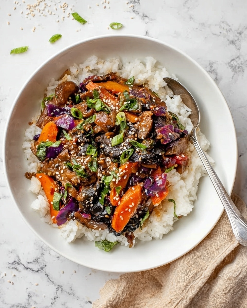 A white bowl filled with a colorful mix of chopped vegetables including bright orange sweet potato cubes, purple cabbage pieces, sliced mushrooms with a brown texture, chopped pinkish onions, and fresh green onion slices scattered on top. A woman's hand is holding a small white cup filled with a white liquid above the bowl. The whole scene is set on a white marbled surface. photo taken with an iphone --ar 4:5 --v 7